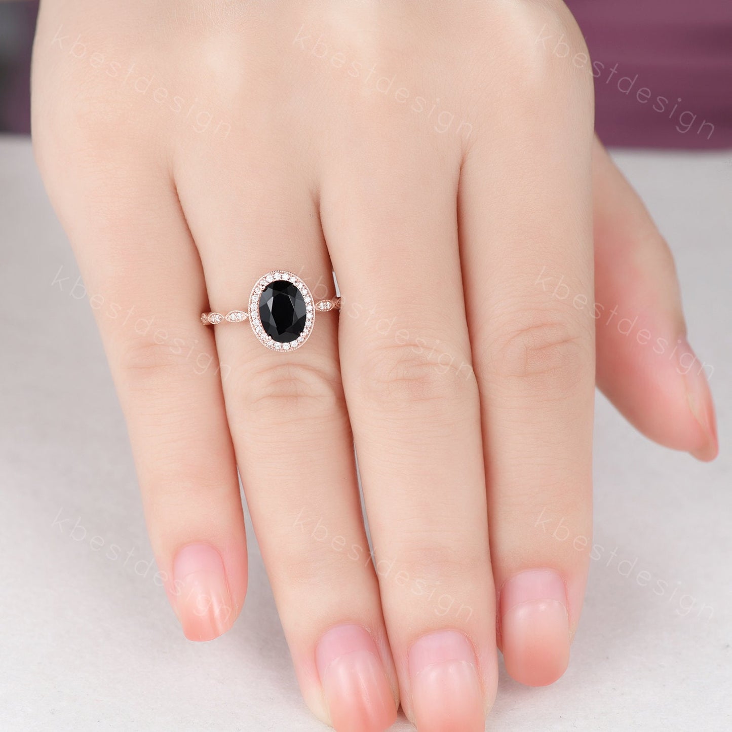 Oval cut black onyx engagement ring rose gold ring unique art deco halo engagement ring half eternity moissanite wedding ring promise ring