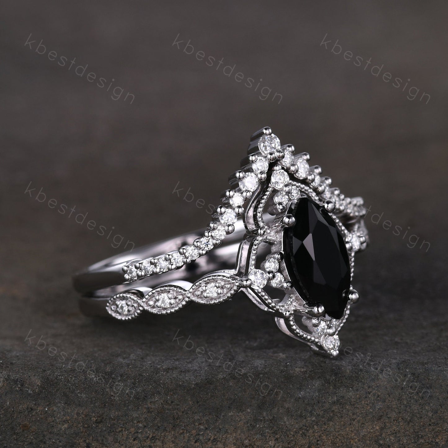 Vintage black onyx engagement ring silver gold ring art deco curved stacking band marquise cut bridal set unique moissanite wedding set