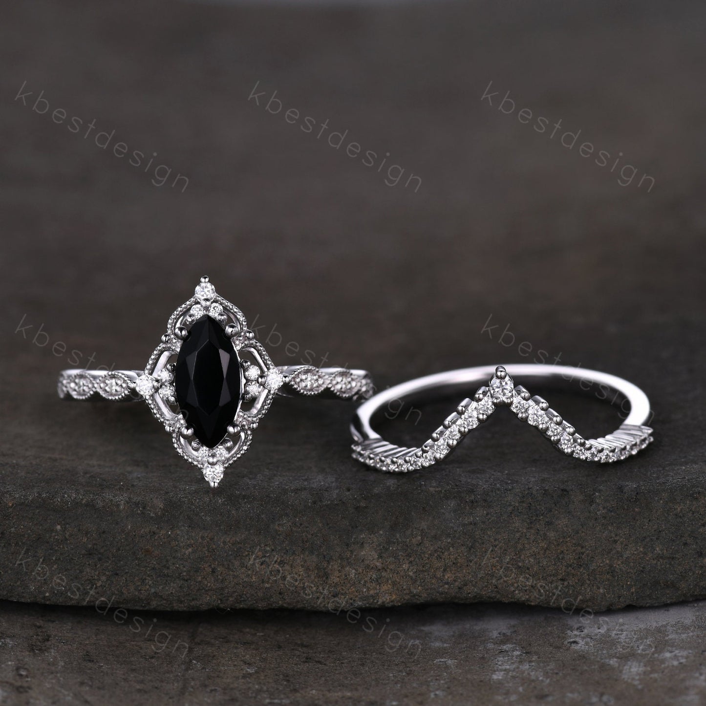 Vintage black onyx engagement ring silver gold ring art deco curved stacking band marquise cut bridal set unique moissanite wedding set