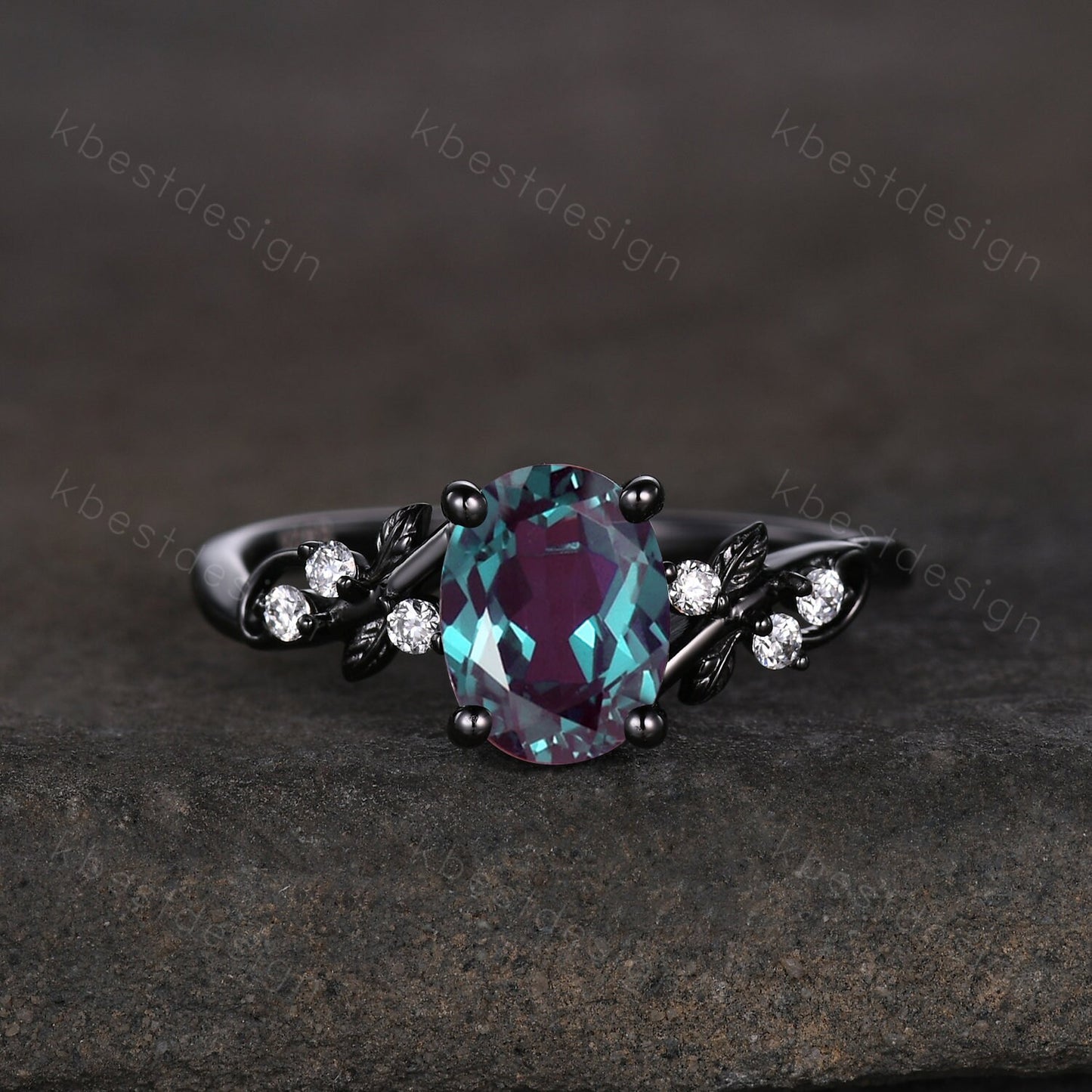 Vintage oval Alexandrite engagement ring set black gold twig leaf moissanite ring June birthstone unique art deco bridal wedding ring set