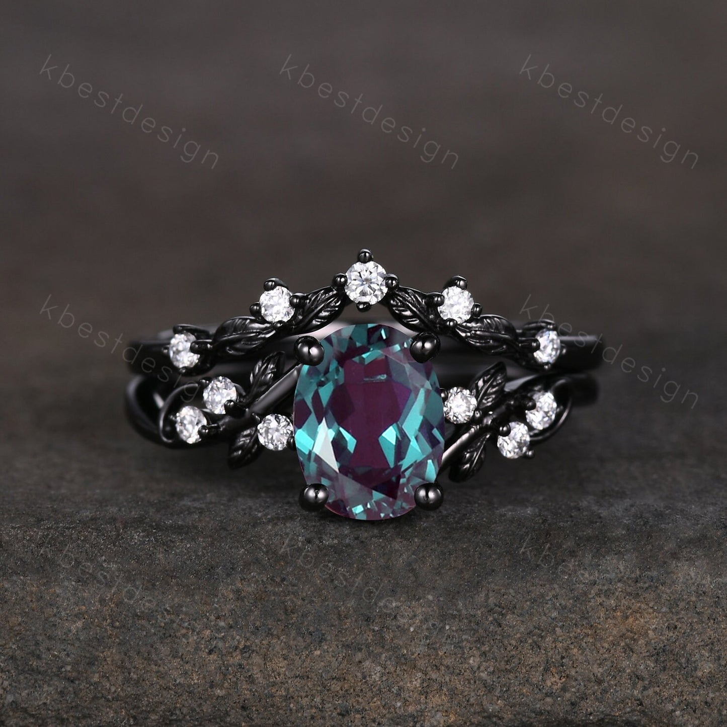 Vintage oval Alexandrite engagement ring set black gold twig leaf moissanite ring June birthstone unique art deco bridal wedding ring set