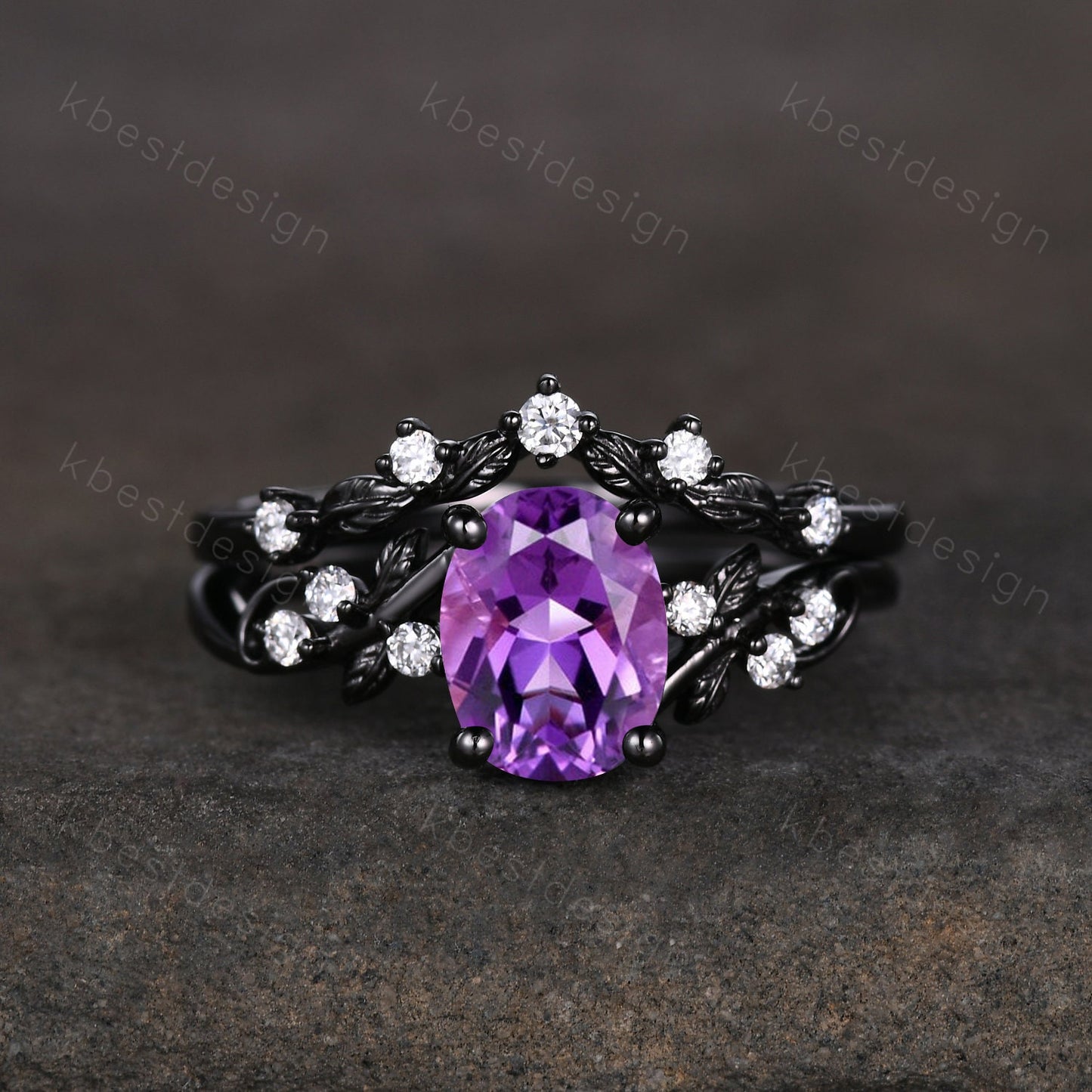Vintage amethyst engagement ring set black gold twig leaf moissanite ring oval cut bridal ring set unique art deco promise anniversary ring