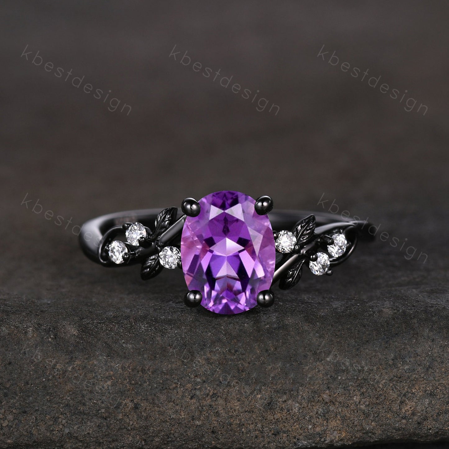 Vintage amethyst engagement ring set black gold twig leaf moissanite ring oval cut bridal ring set unique art deco promise anniversary ring