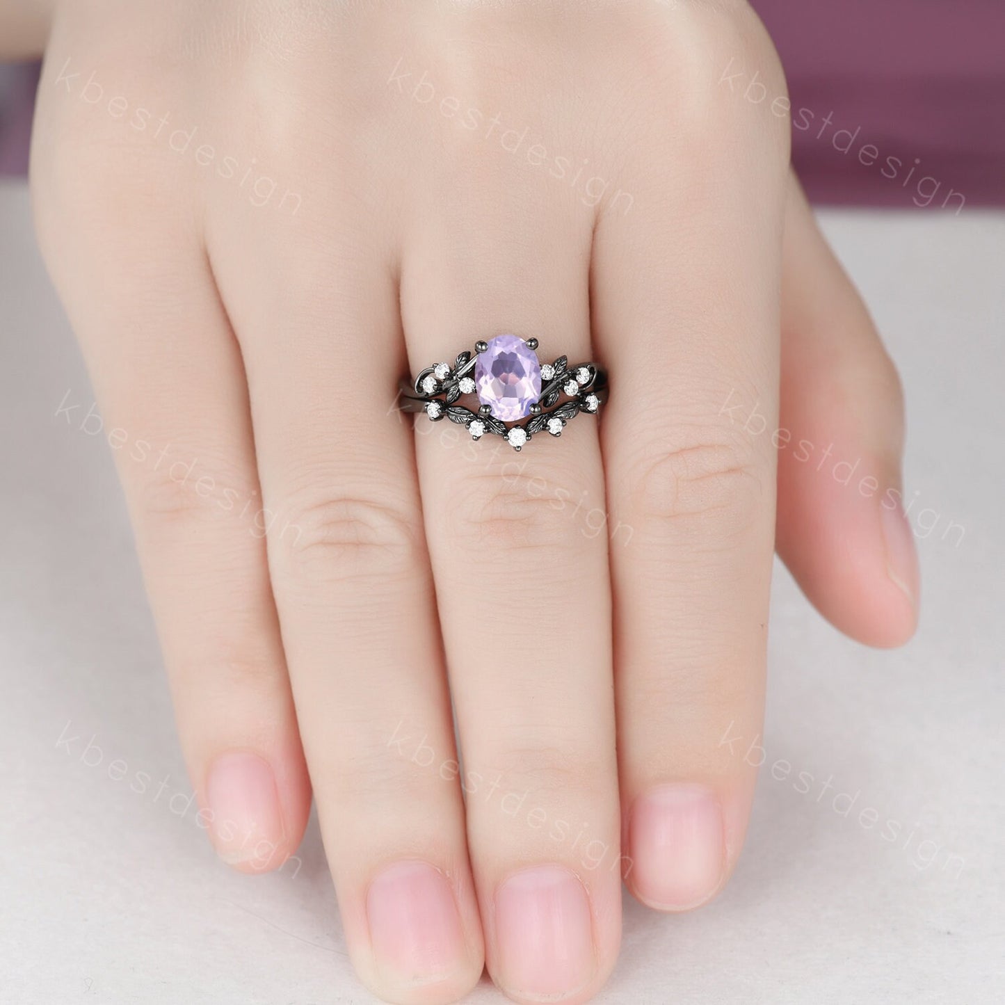 Oval cut Lavender Amethyst Engagement Ring Set Black Gold Rings Unique Art Deco Amethyst Ring For Women Twig Leaf Moissantie Wedding Ring