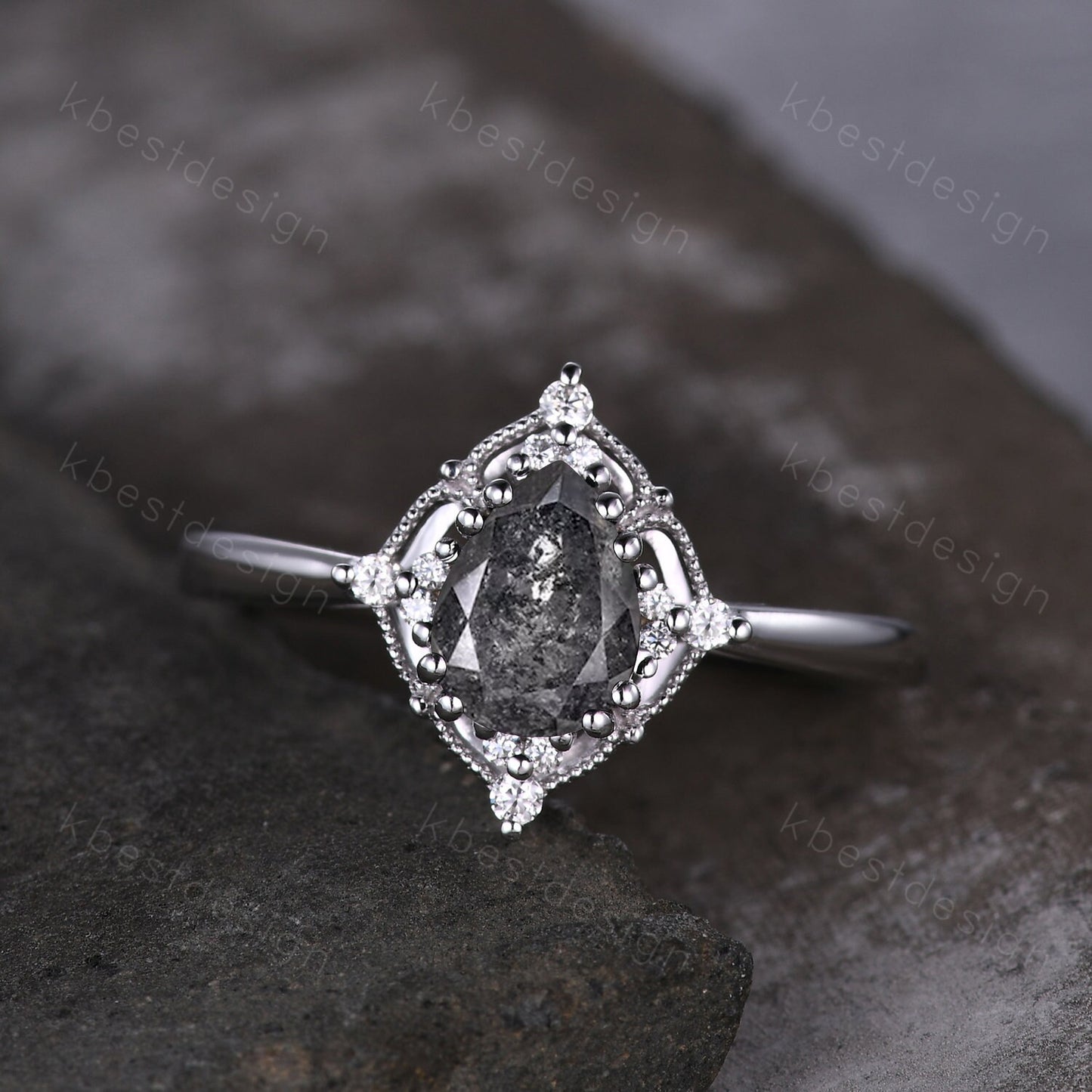 Pear Cut Salt and Pepper Diamond Engagement Ring Unique Art Deco Moissanite Ring 14K White Gold Ring Black Gemstone ring Bridal Promise Ring
