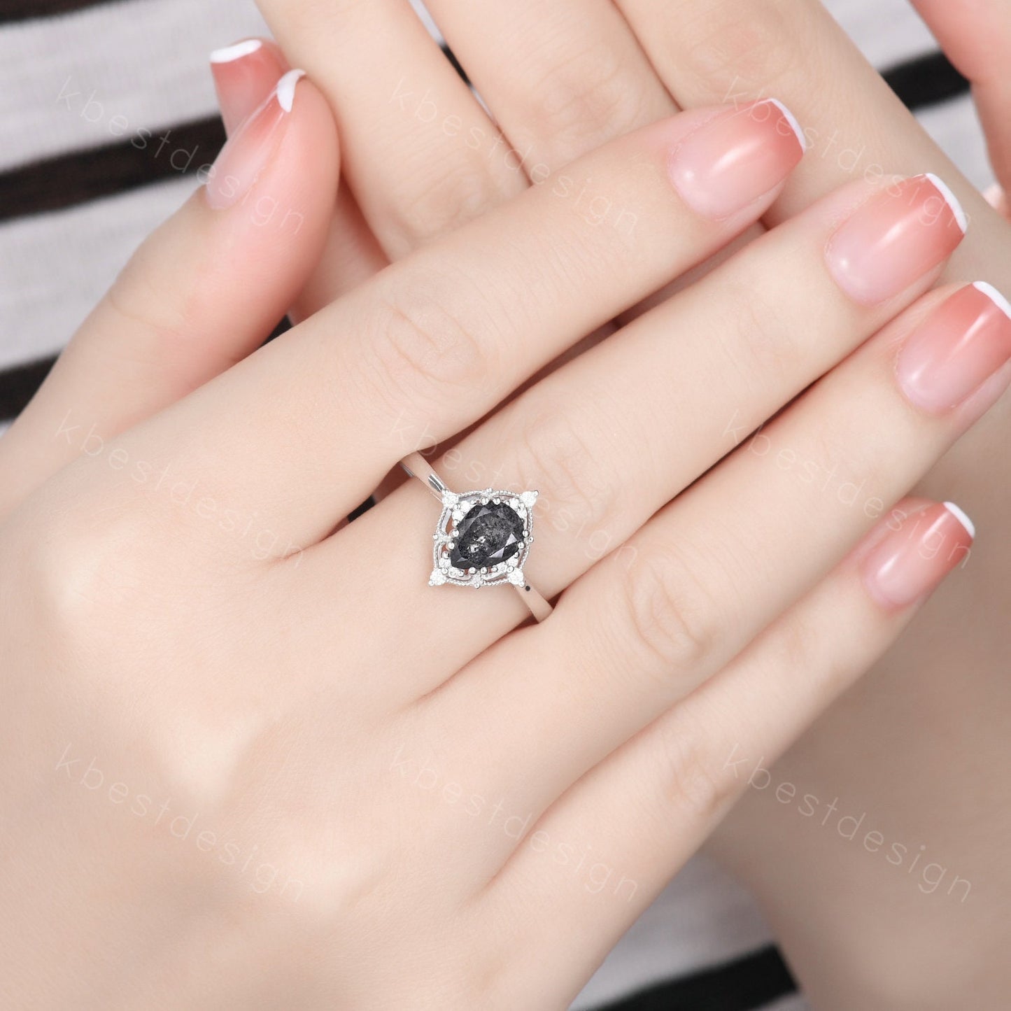 Pear Cut Salt and Pepper Diamond Engagement Ring Unique Art Deco Moissanite Ring 14K White Gold Ring Black Gemstone ring Bridal Promise Ring