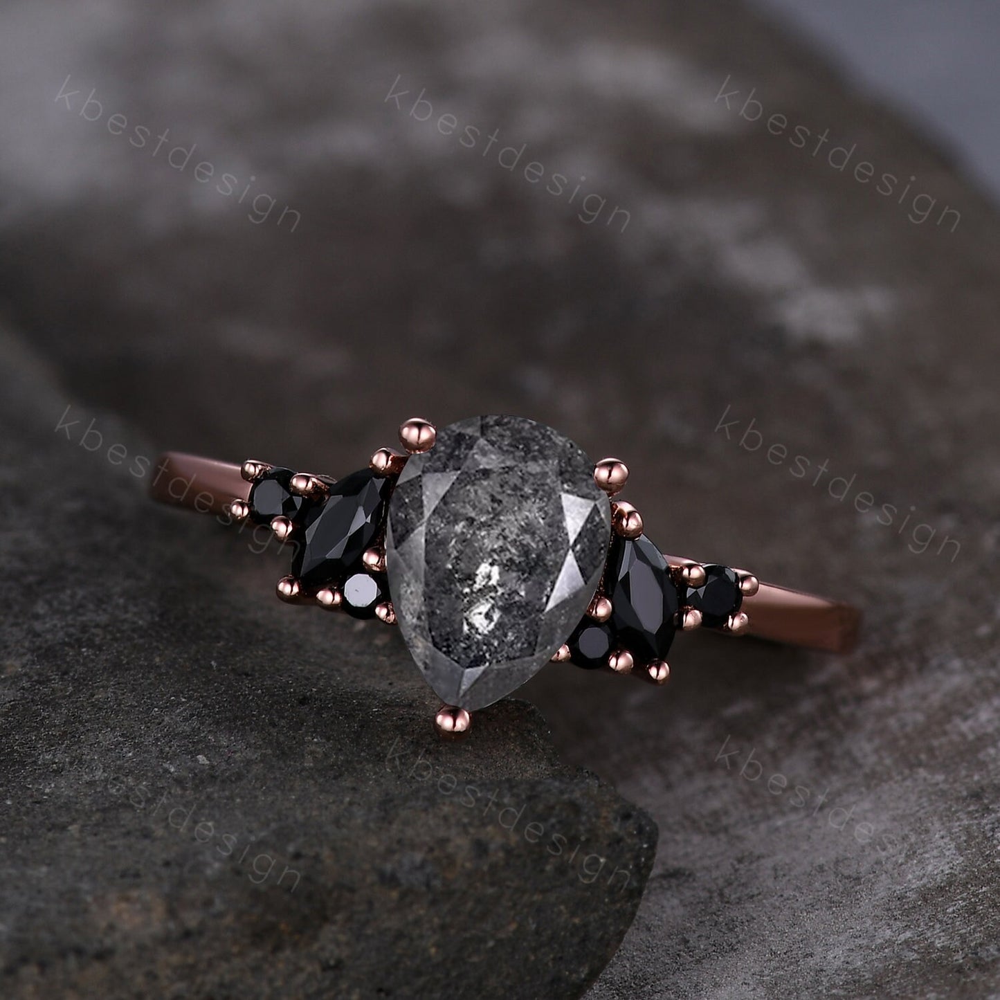 Pear Shaped Salt and Pepper Diamond Engagement Ring Unique Black Spinel Cluster Ring Rose Gold Marquise cut Ring Black Stone Promise Ring