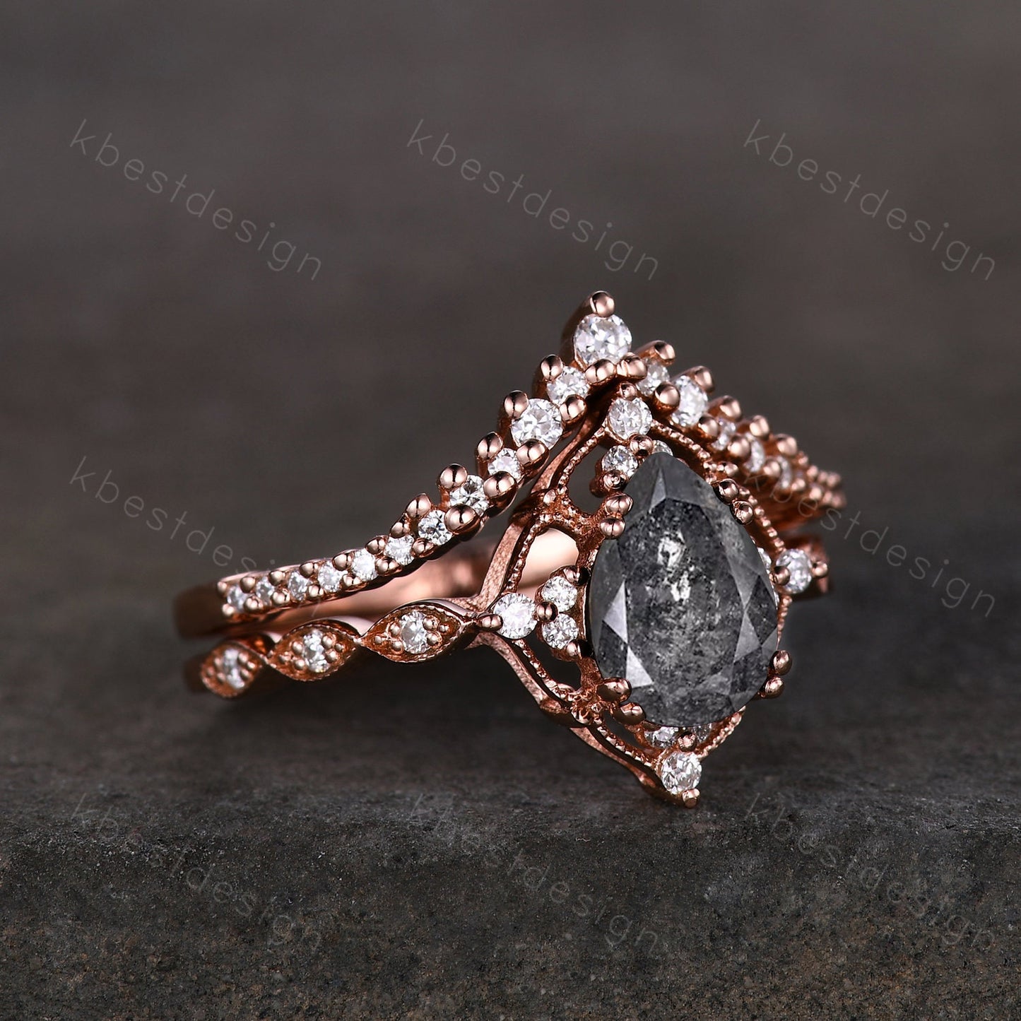 Vintage salt and pepper diamond engagement ring rose gold ring art deco curved stacking band pear shaped bridal set unique moissanite rings