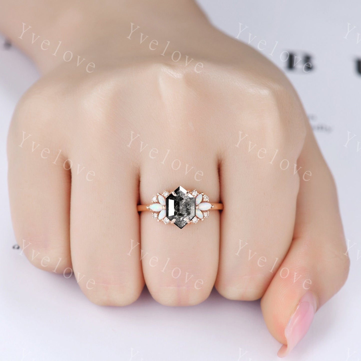 Vintage Hexagon Salt Pepper Diamond engagement ring,Unique Marquise Opal Ring,Cluster Ring,Rose Gold,Women Bridal Wedding Band,Black gems