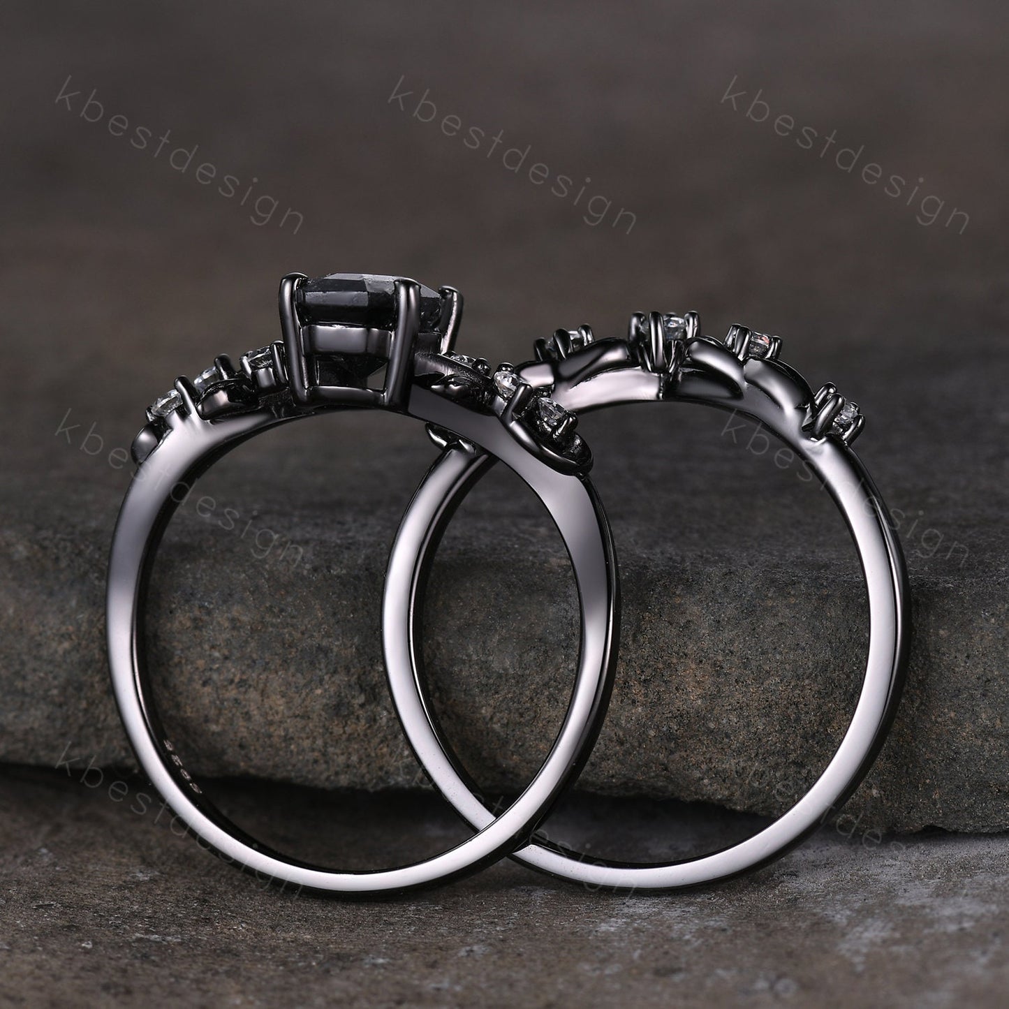 Vintage coffin cut black onyx engagement ring set black gold twig leaf moissanite ring nature branch ring unique bridal wedding ring set