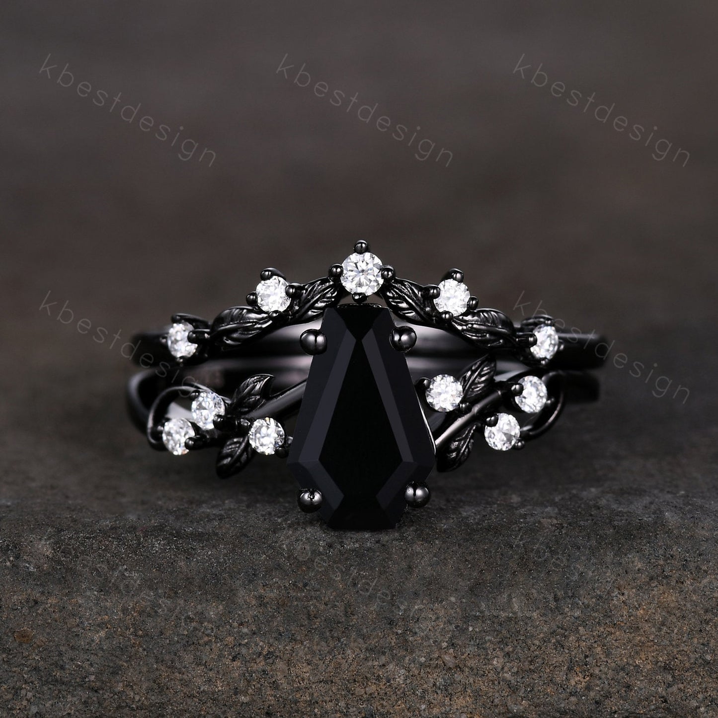 Vintage coffin cut black onyx engagement ring set black gold twig leaf moissanite ring nature branch ring unique bridal wedding ring set