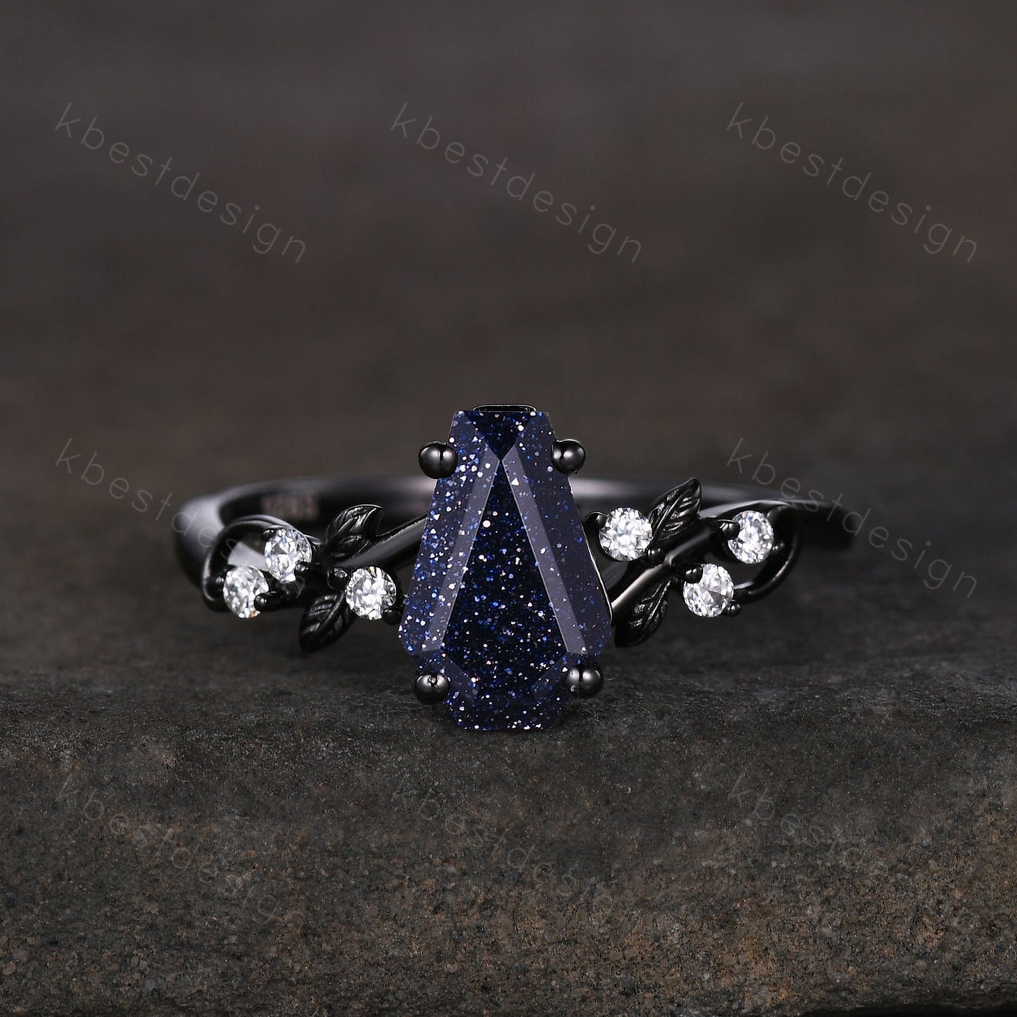 Coffin cut blue sandstone engagement ring set black gold twig leaf moissanite ring nature branch ring unique bridal wedding ring set
