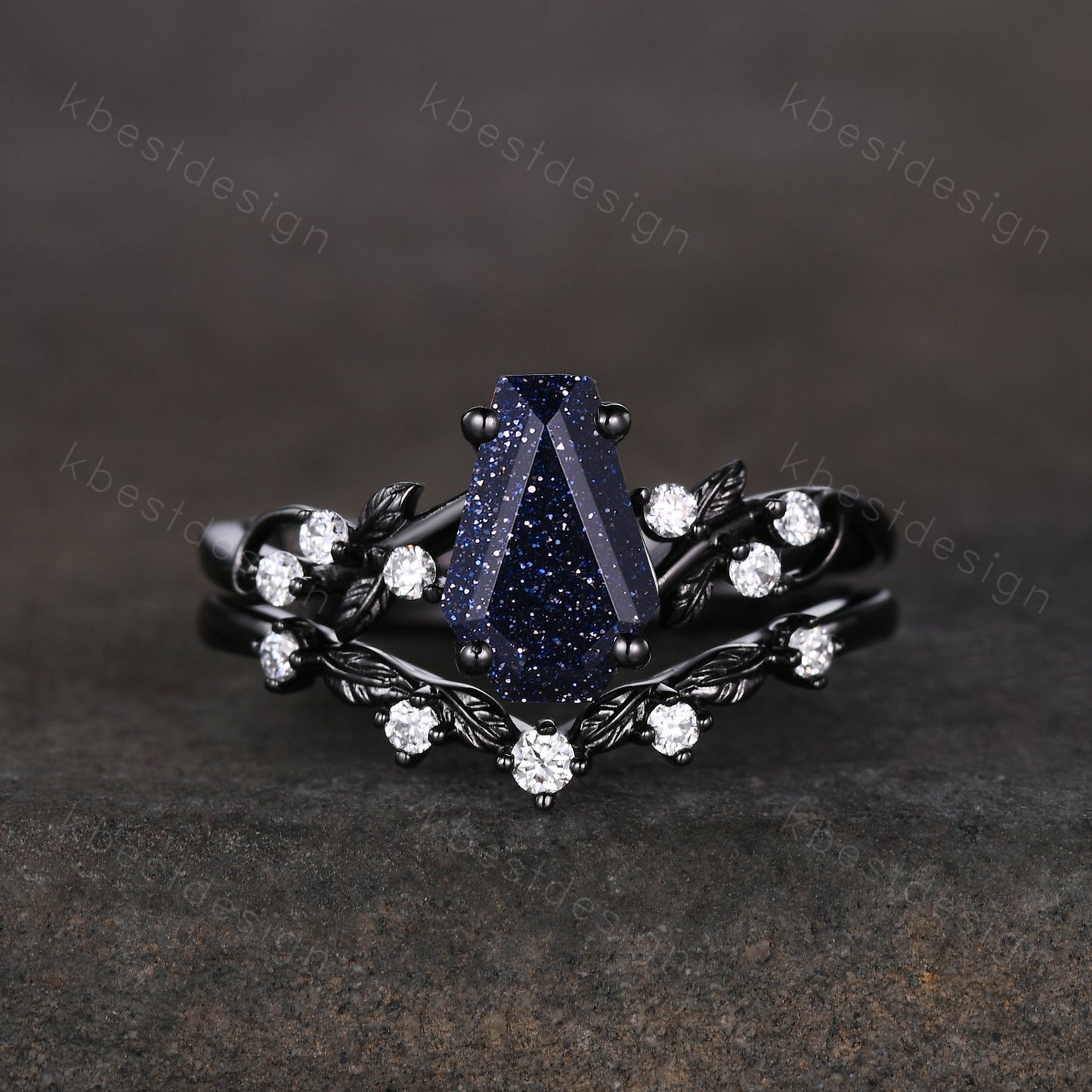 Coffin cut blue sandstone engagement ring set black gold twig leaf moissanite ring nature branch ring unique bridal wedding ring set