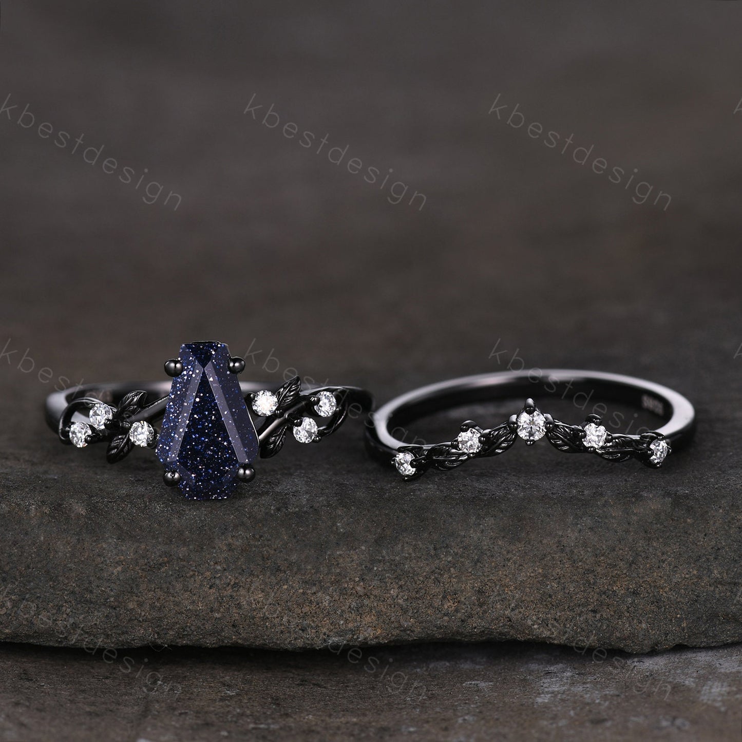 Coffin cut blue sandstone engagement ring set black gold twig leaf moissanite ring nature branch ring unique bridal wedding ring set