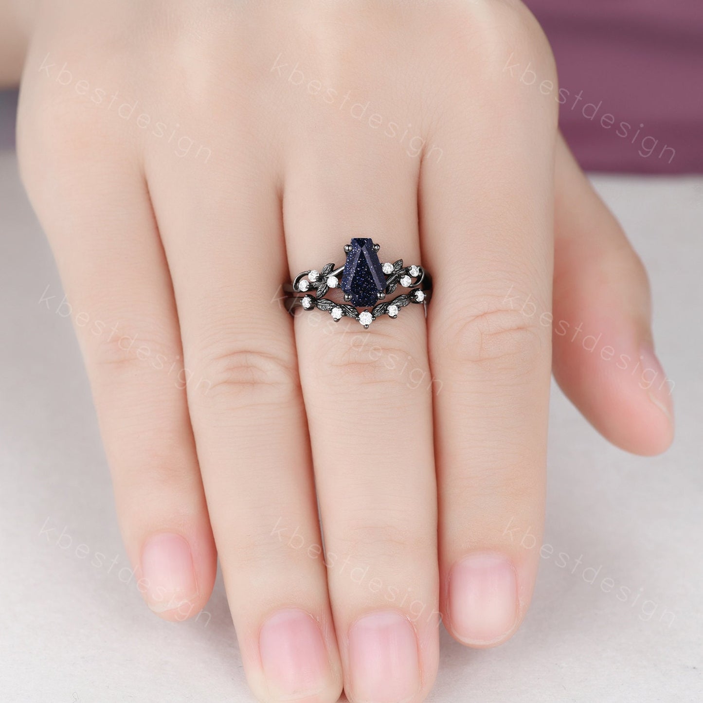 Coffin cut blue sandstone engagement ring set black gold twig leaf moissanite ring nature branch ring unique bridal wedding ring set