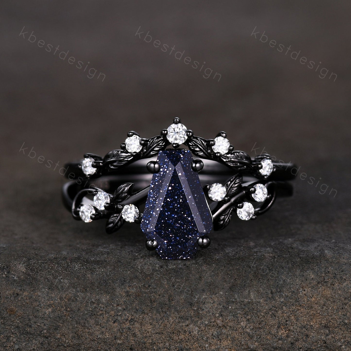 Coffin cut blue sandstone engagement ring set black gold twig leaf moissanite ring nature branch ring unique bridal wedding ring set
