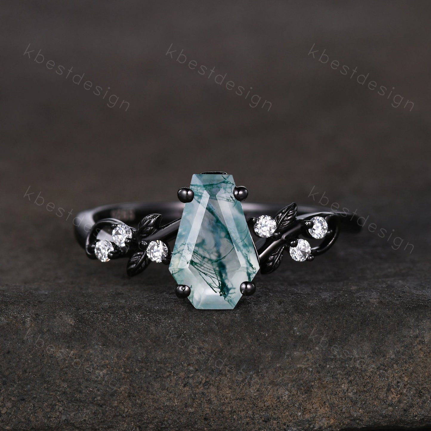 Vintage coffin moss agate engagement ring set black gold twig leaf moissanite ring natural green agate ring unique bridal wedding ring set