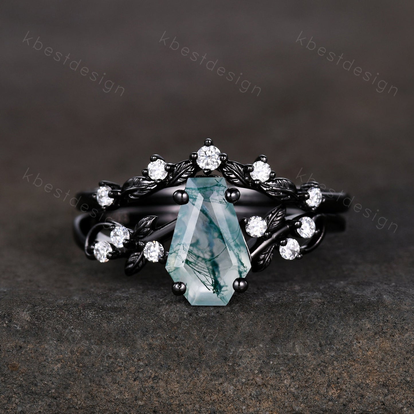 Vintage coffin moss agate engagement ring set black gold twig leaf moissanite ring natural green agate ring unique bridal wedding ring set