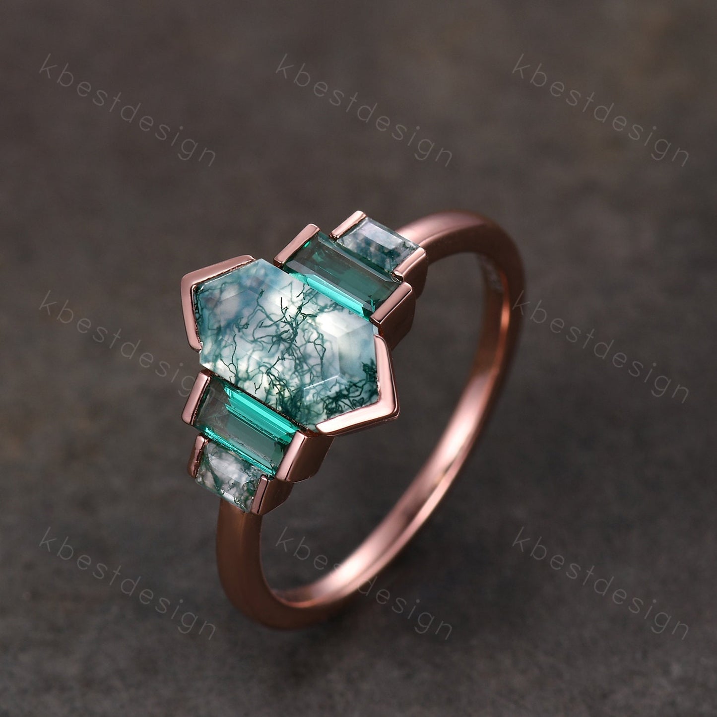 Hexagon cut Moss Agate ring Unique Rose gold engagement ring Baguette Emerald ring Bezel set ring Vintage Bridal wedding anniversary ring