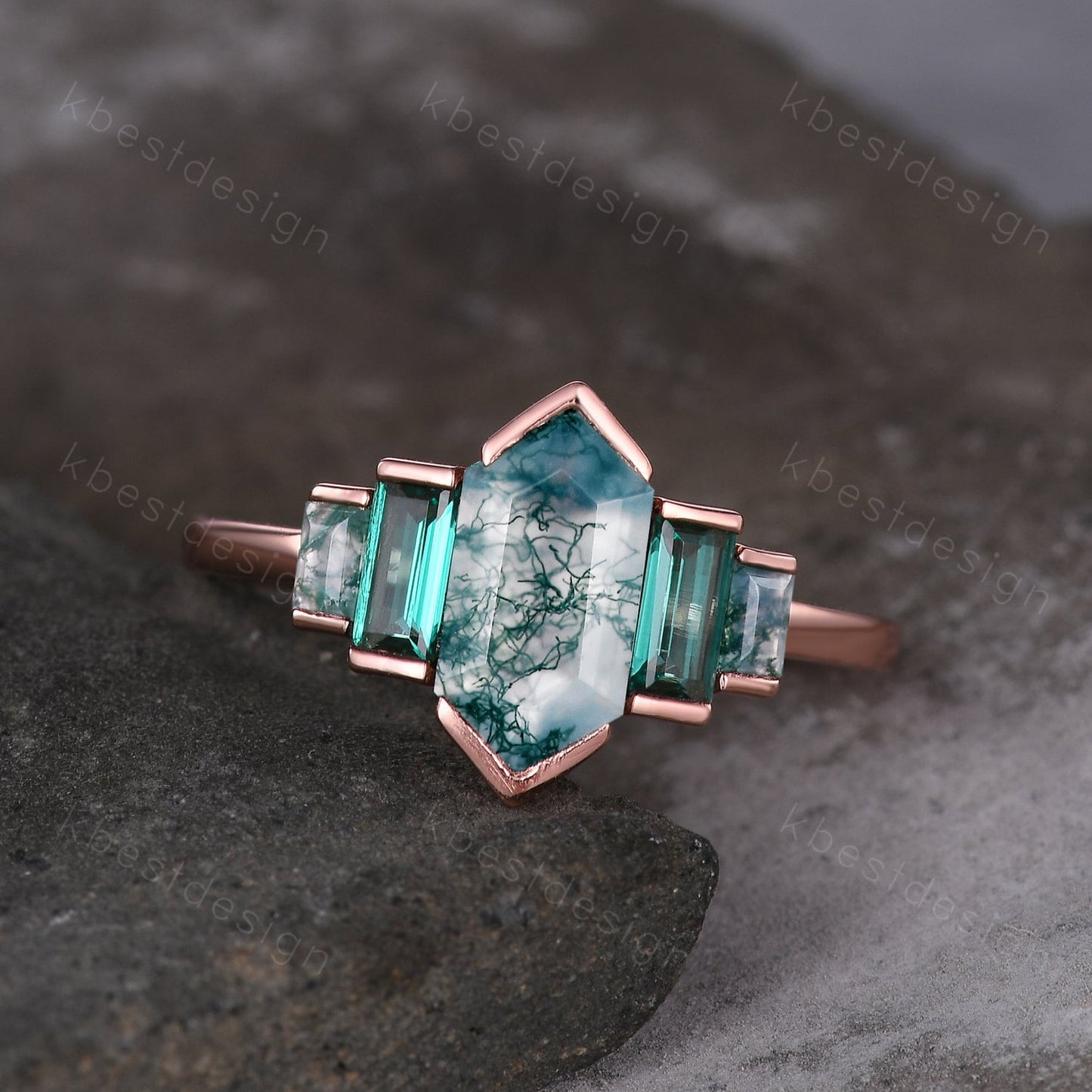 Vintage moss agate engagement ring Set Unique rose gold baguette cut emerald ring Retro Double curved Alexandrite wedding band Bridal ring