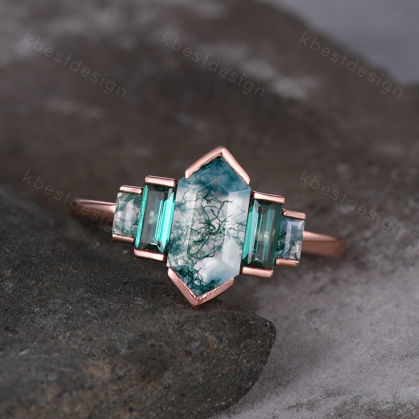Hexagon cut Moss Agate ring Unique Rose gold engagement ring Baguette Emerald ring Bezel set ring Vintage Bridal wedding anniversary ring