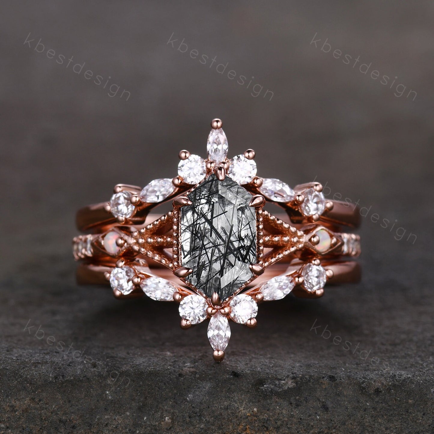 Antique Black Rutilated Quartz Engagement Ring Set Hexagon cut Engagement Ring Unique Art Deco Moissanite Stacking Band Bridal Promise Set