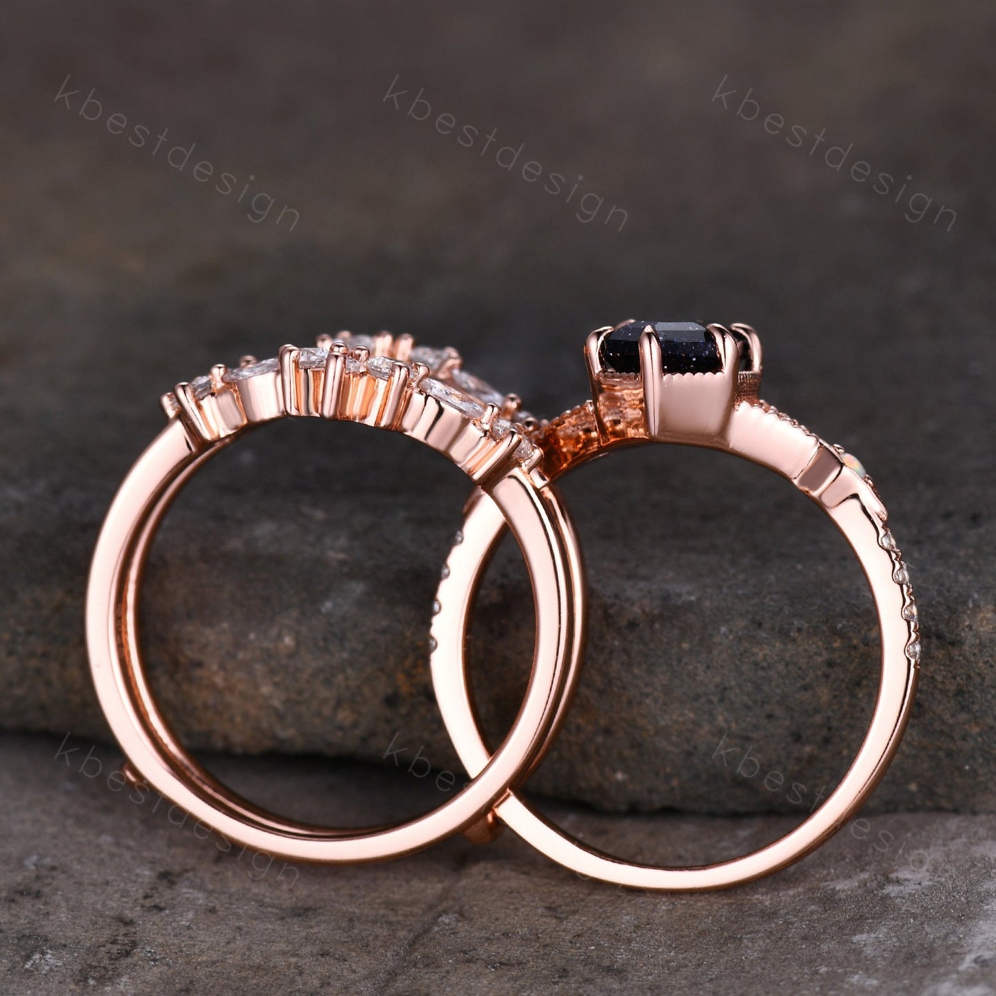 Antique Black Rutilated Quartz Engagement Ring Set Hexagon cut Engagement Ring Unique Art Deco Moissanite Stacking Band Bridal Promise Set