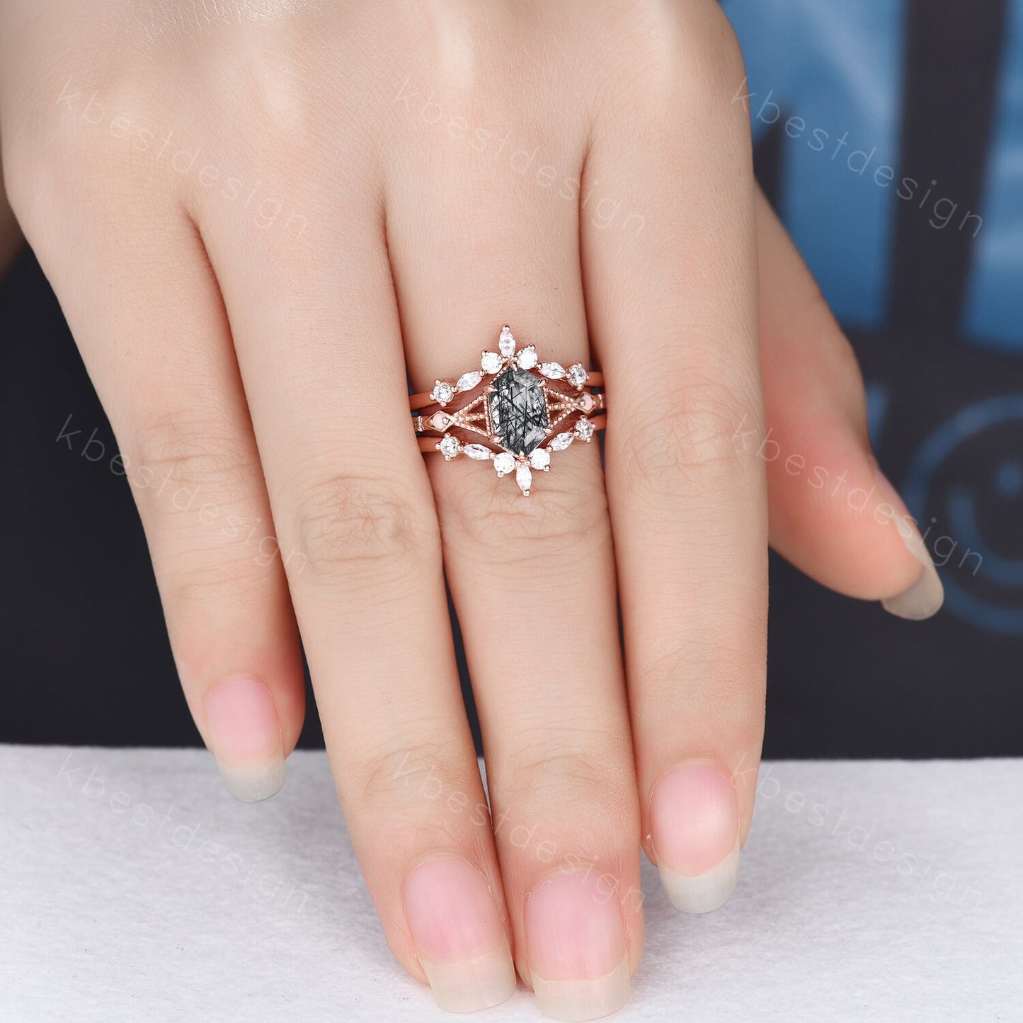 Antique Black Rutilated Quartz Engagement Ring Set Hexagon cut Engagement Ring Unique Art Deco Moissanite Stacking Band Bridal Promise Set