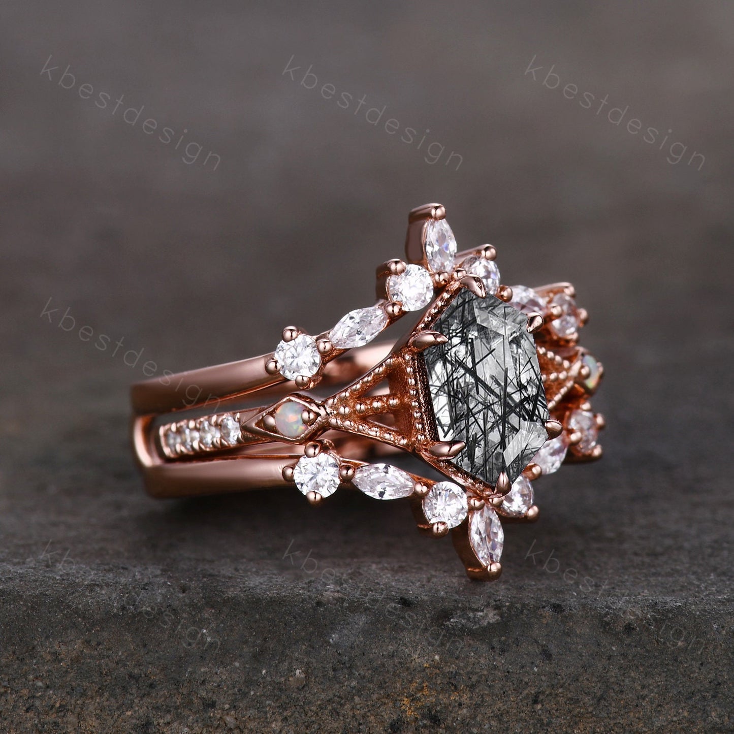 Antique Black Rutilated Quartz Engagement Ring Set Hexagon cut Engagement Ring Unique Art Deco Moissanite Stacking Band Bridal Promise Set