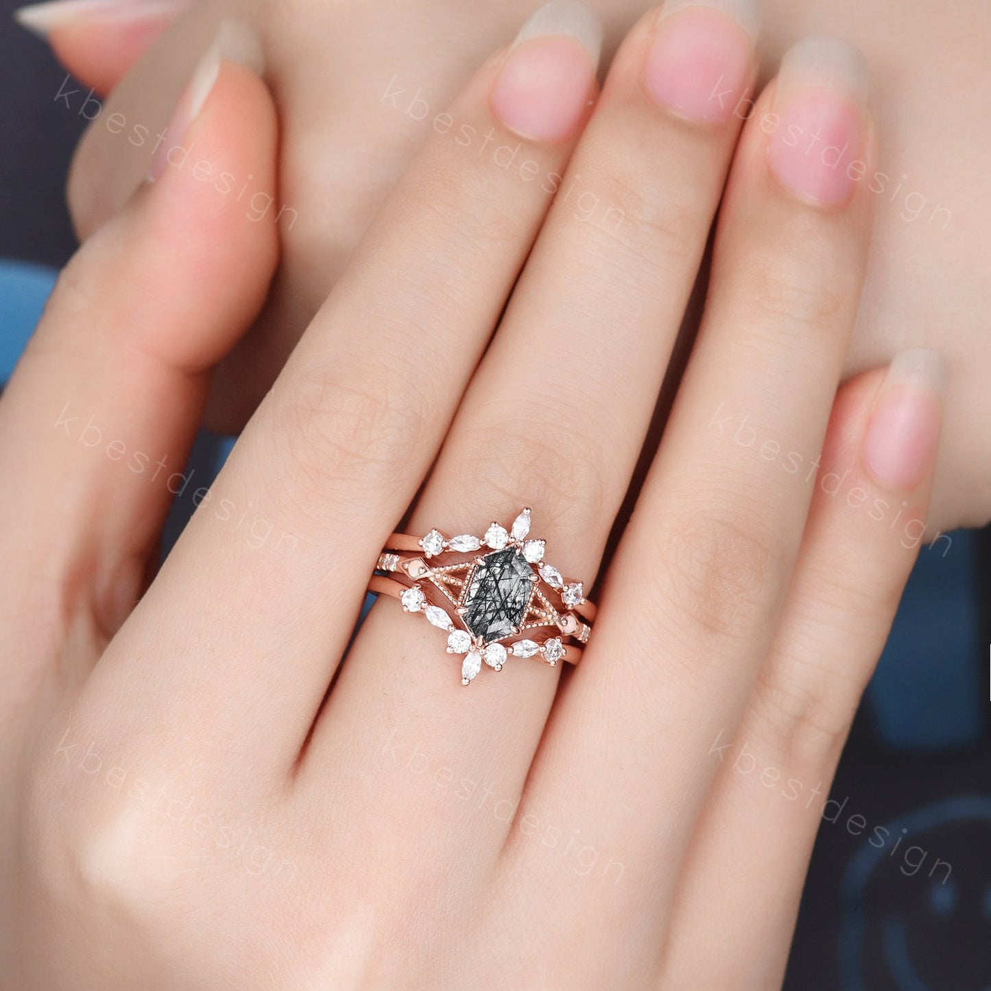 Antique Black Rutilated Quartz Engagement Ring Set Hexagon cut Engagement Ring Unique Art Deco Moissanite Stacking Band Bridal Promise Set