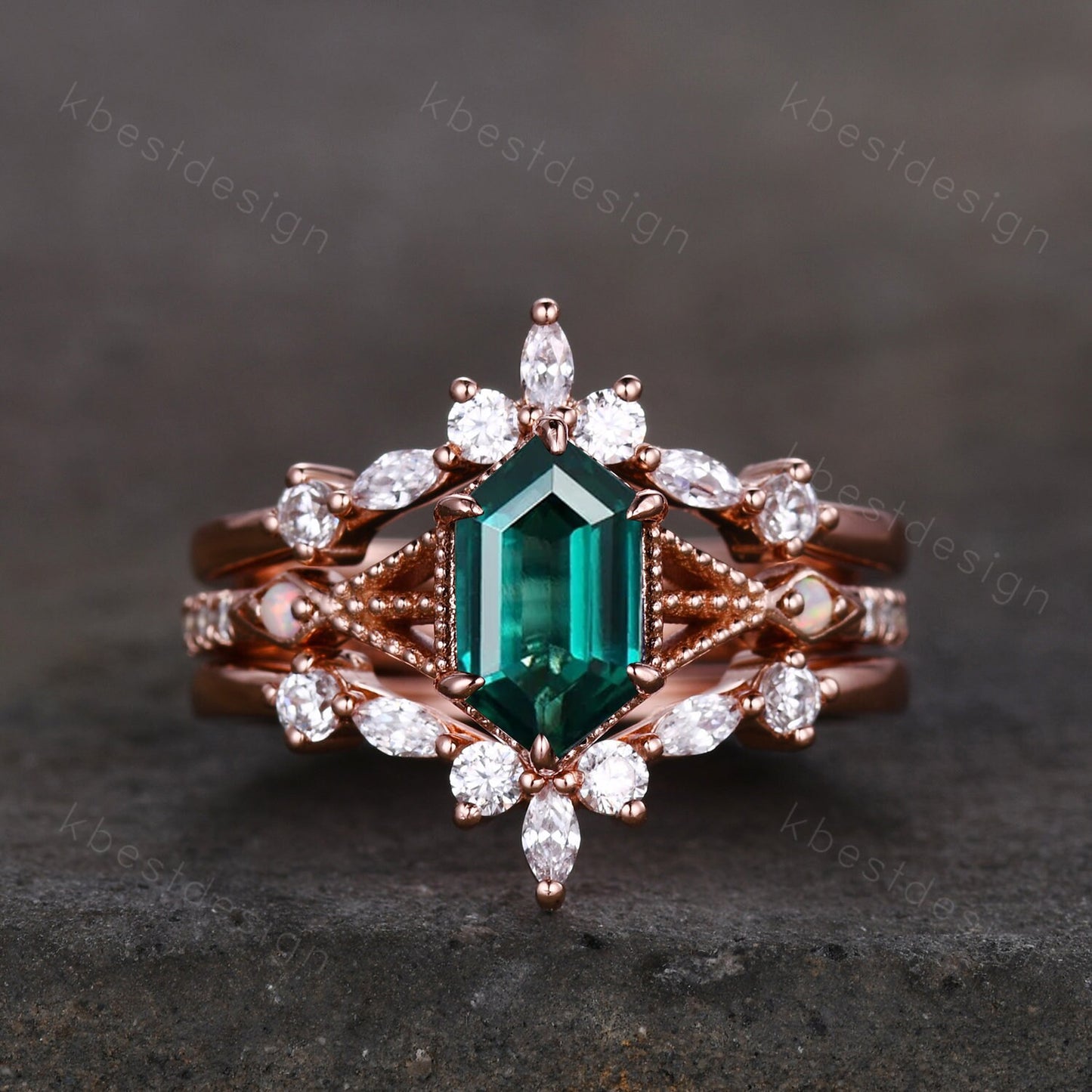 Antique Green Emerald Engagement Ring Set Hexagon cut Engagement Ring Unique Art Deco Moissanite Stacking Matching Band Bridal Promise Set