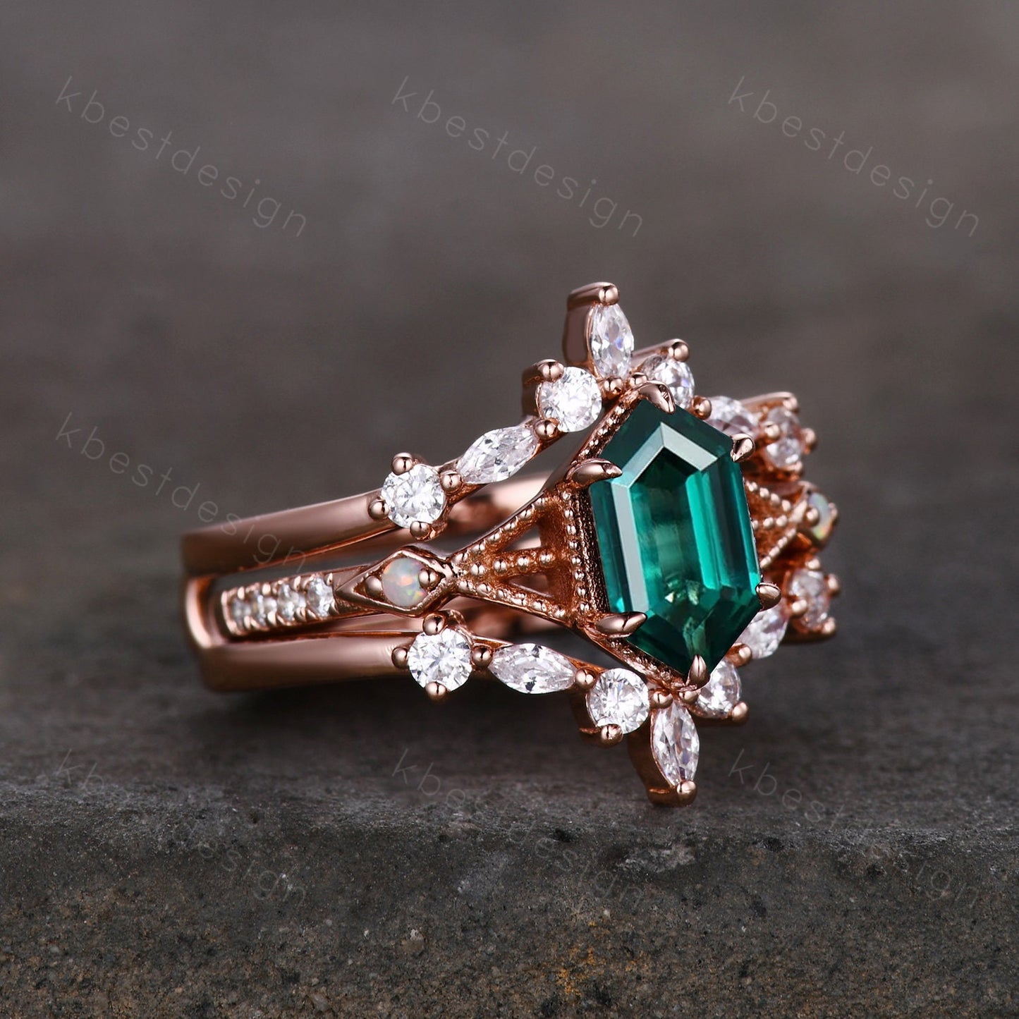 Antique Green Emerald Engagement Ring Set Hexagon cut Engagement Ring Unique Art Deco Moissanite Stacking Matching Band Bridal Promise Set