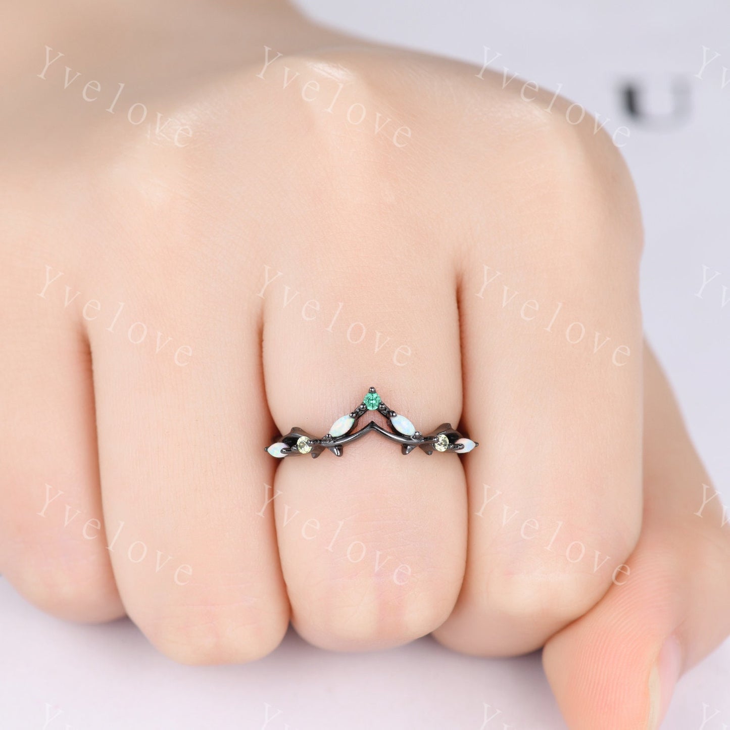 Antique Peridot Opal wedding band emerald Ring,Women Twig Matching Band,Art Deco V Curved Branch Wedding Band,Black Gold Ring,Custom Gift