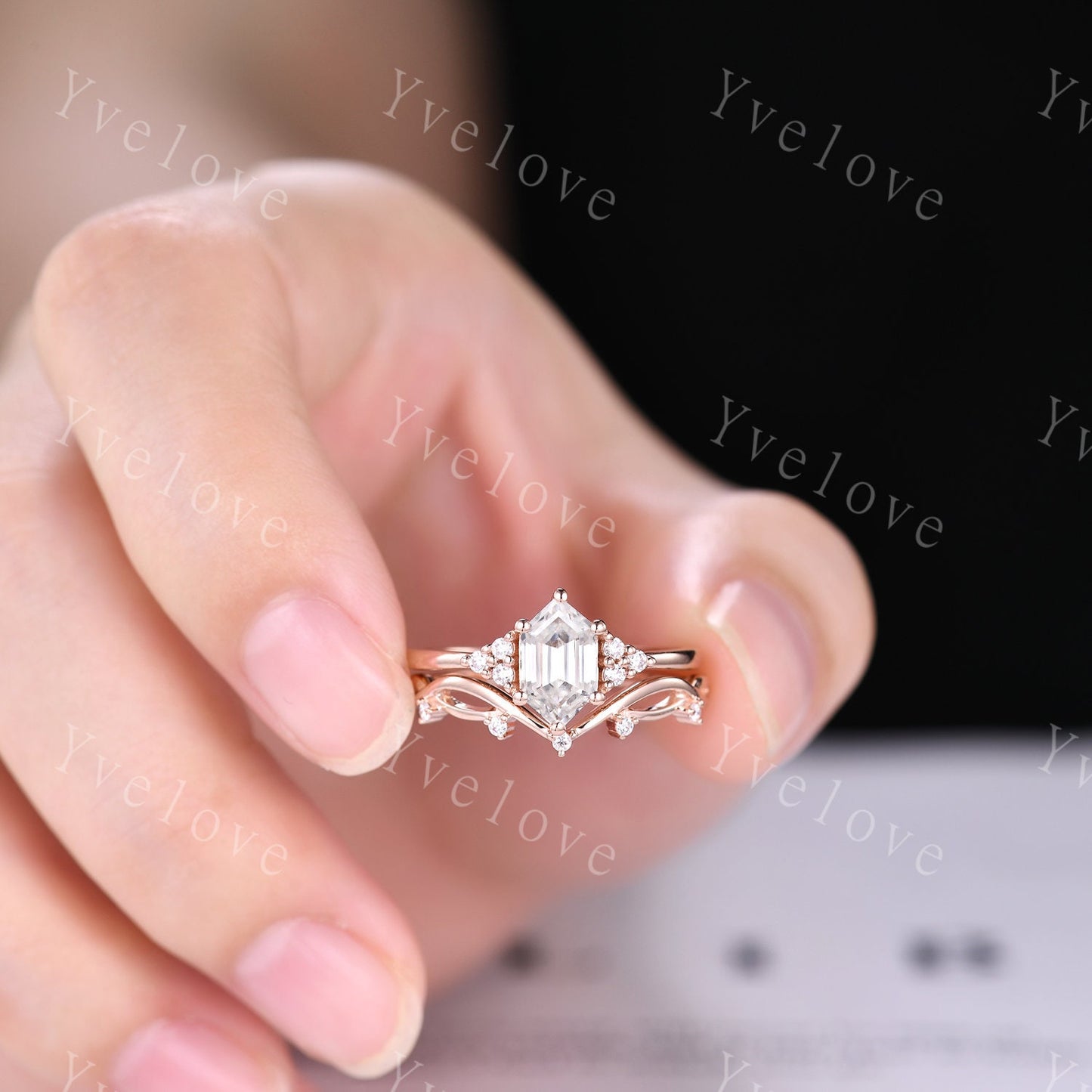 Retro hexagon Moissanite Ring,Vintage Moissanite Ring Set,Unique Moissanite Engagement Ring,Rose Gold Promise Anniversary Ring Gift For Her