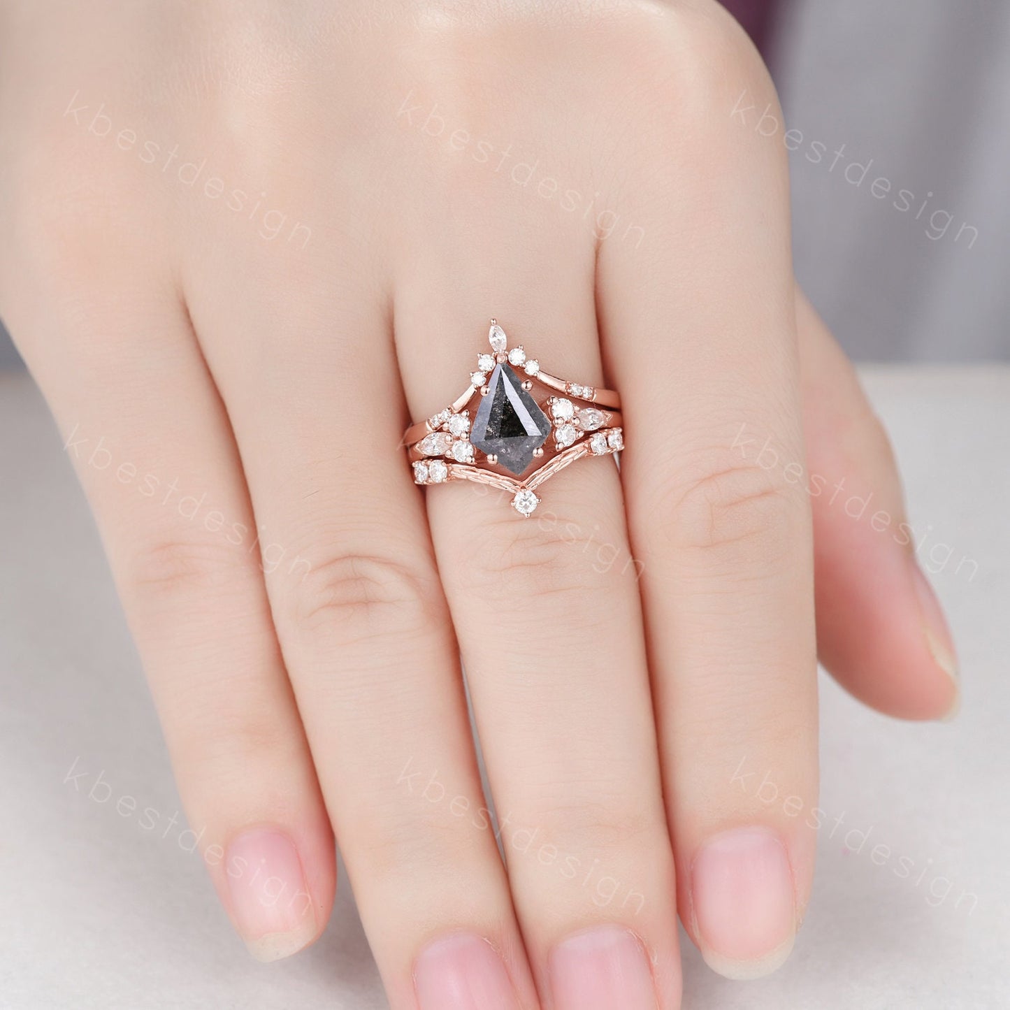 Vintage salt and pepper diamond engagement ring rose gold rings art deco curved moissanite stacking band hexagon shaped bridal wedding set