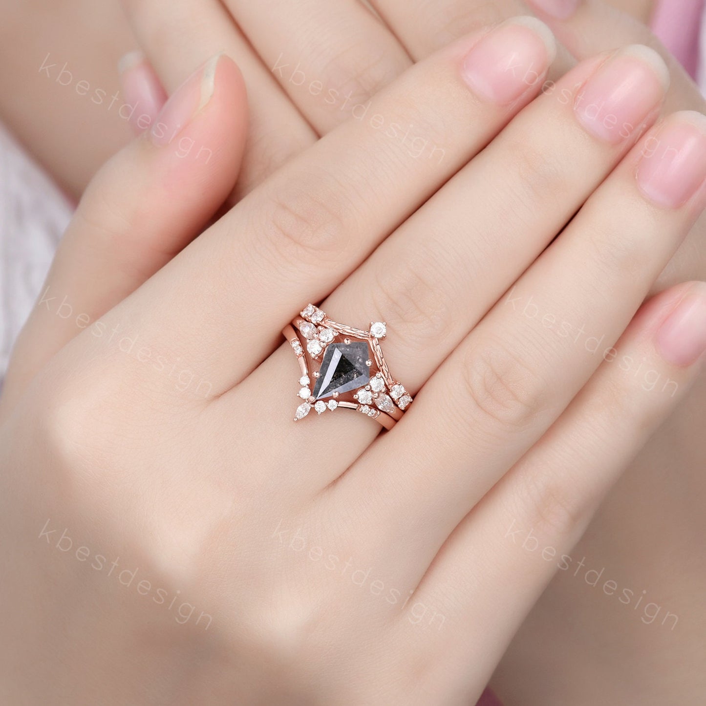 Vintage salt and pepper diamond engagement ring rose gold rings art deco curved moissanite stacking band hexagon shaped bridal wedding set