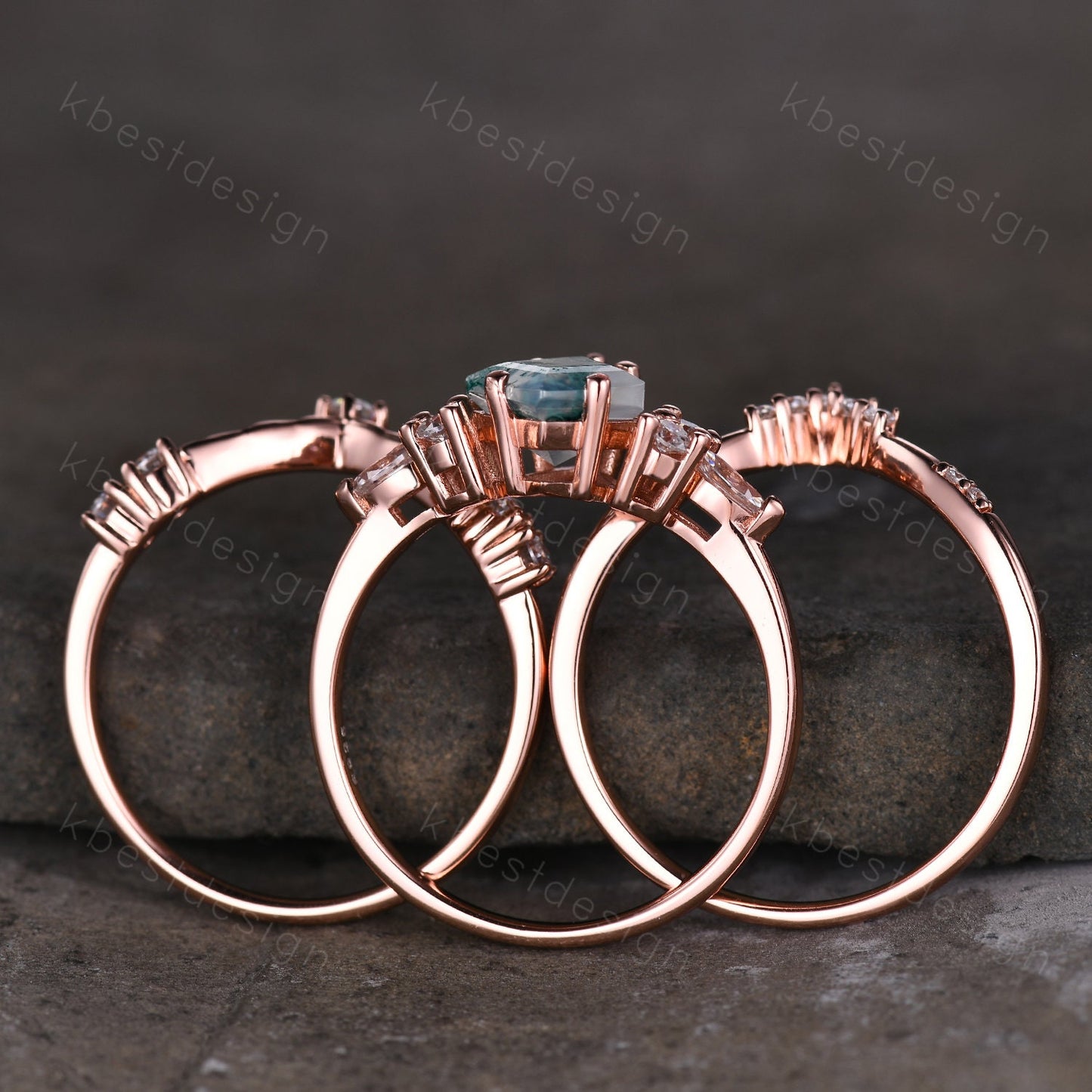 Vintage salt and pepper diamond engagement ring rose gold rings art deco curved moissanite stacking band hexagon shaped bridal wedding set
