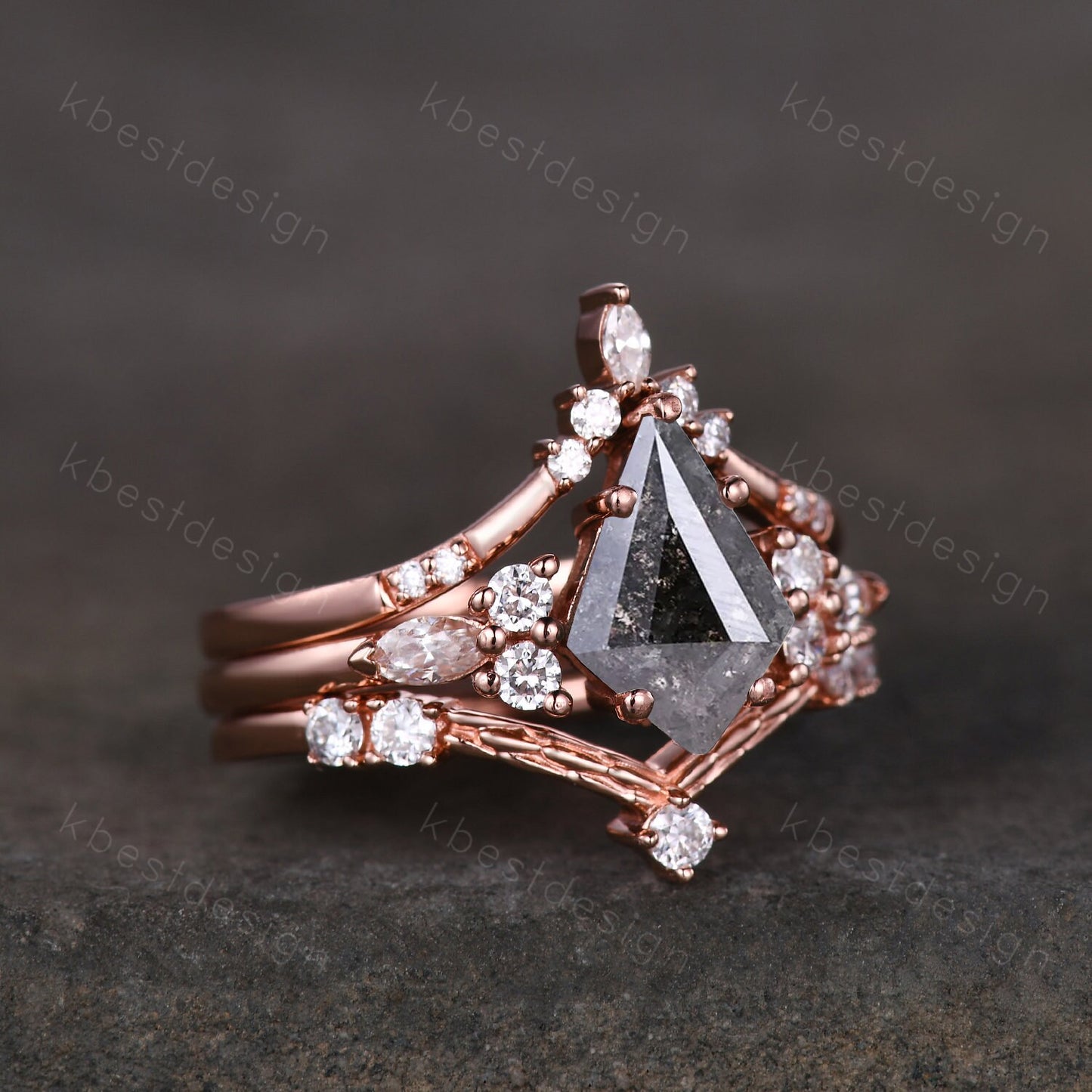 Vintage salt and pepper diamond engagement ring rose gold rings art deco curved moissanite stacking band hexagon shaped bridal wedding set
