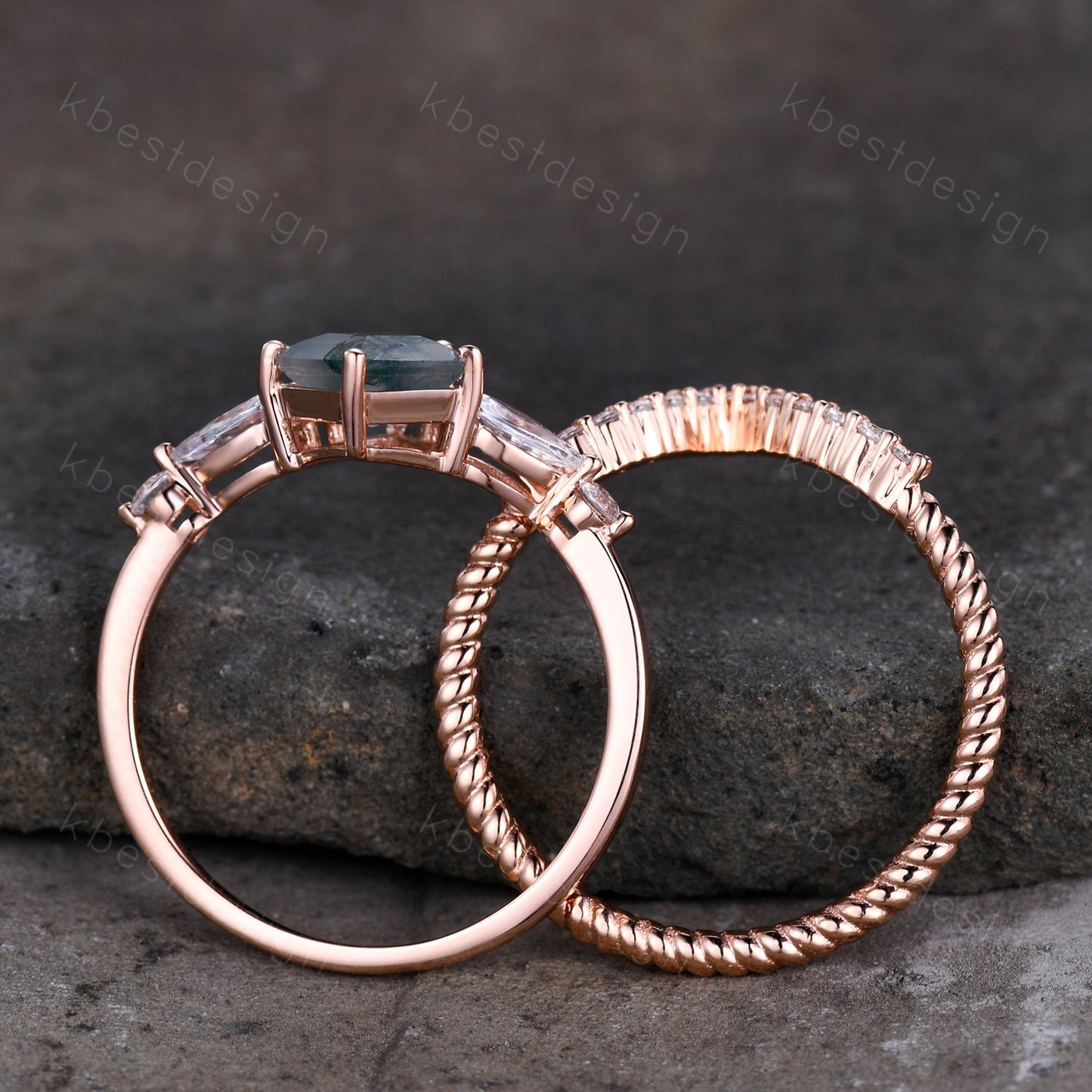 Kite cut salt and pepper diamond engagement ring set unique art deco moissanite wedding ring rose gold ring vintage bridal wedding ring set