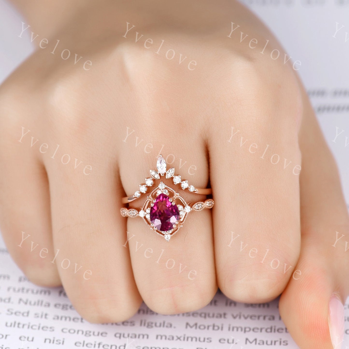 Vintage Red Tourmaline Engagement Ring Set,Pear Tourmaline Bridal Set,V Curved Diamond Stacking Band,Solid Gold Women Ring Gift For Her