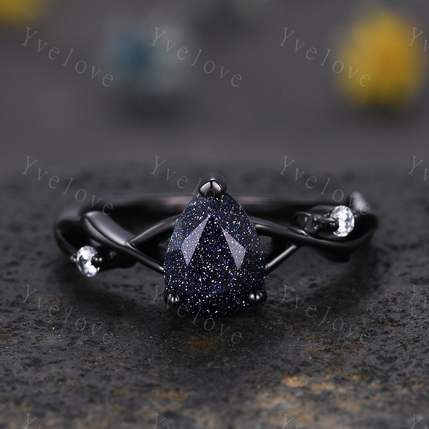 Unique Pear Blue Sandstone Engagement Ring Set,Galaxy Ring,Black Silver Ring,Outer Space Ring,Branch Twig Diamond Promise Ring Bridal Set