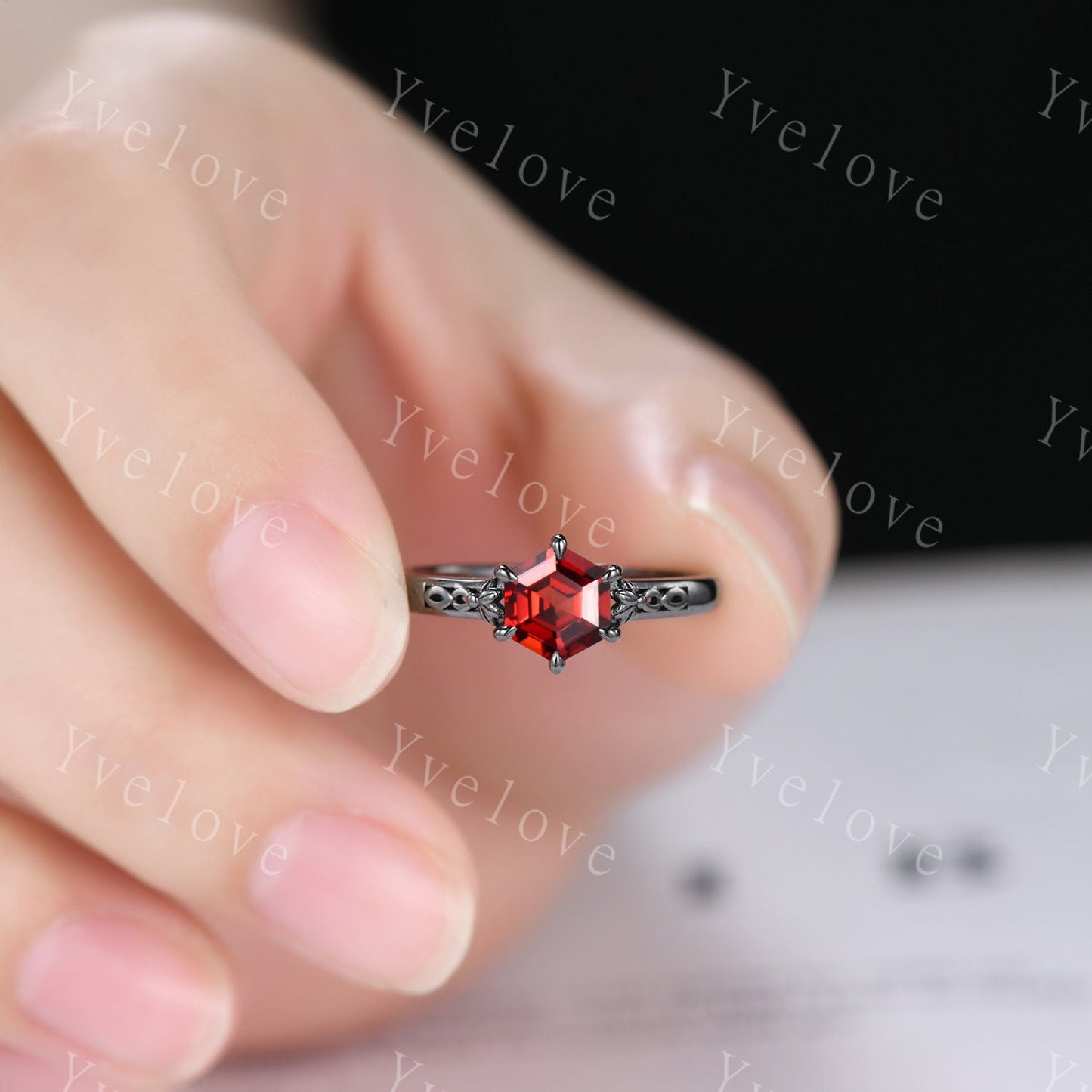 Hexagon Shaped Garnet Engagement Ring Set 925 Black Silver Vintage Red Garnet Wedding Ring Enhancer Band Art Deco Bridal Ring Set For Women