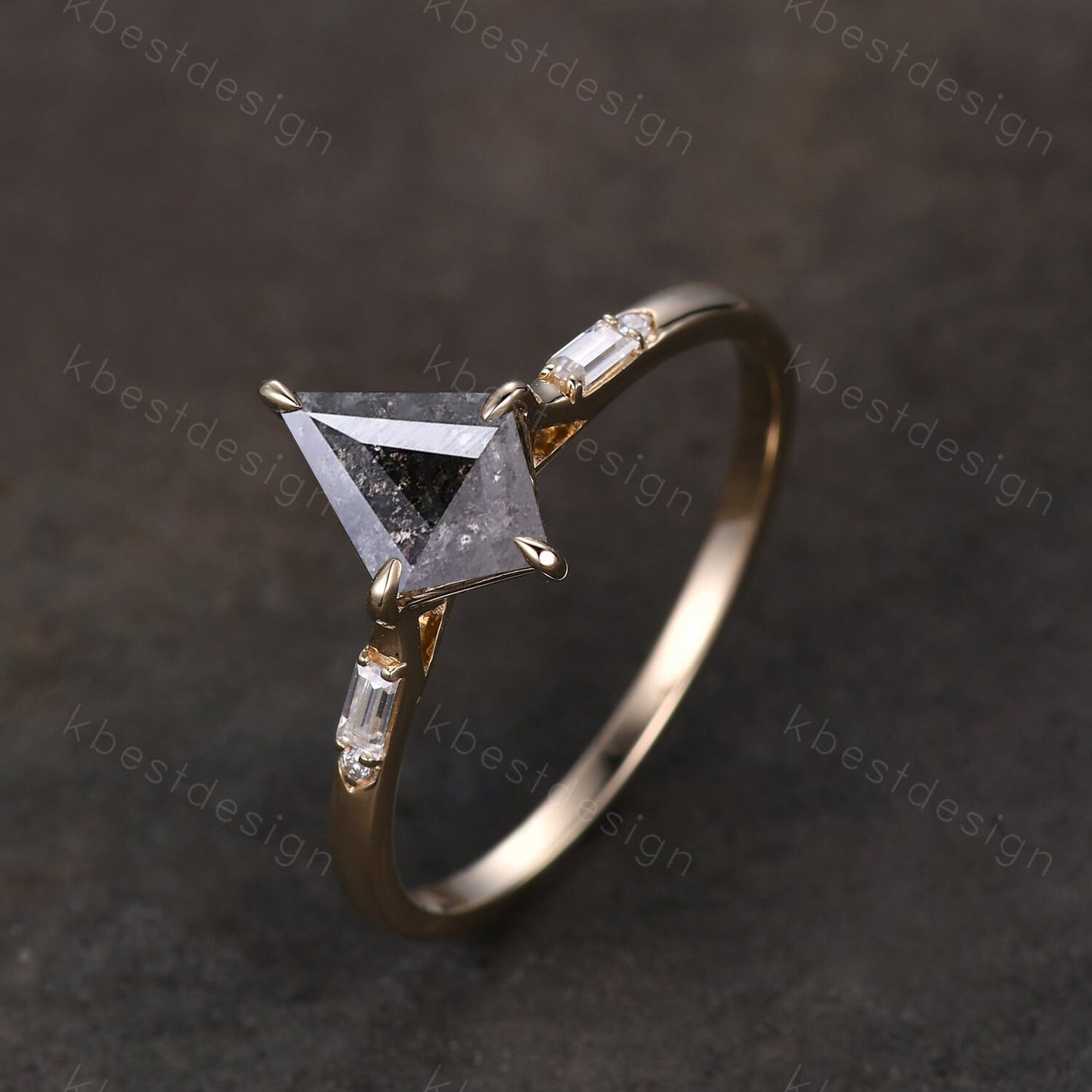 Kite cut Salt and Pepper Diamond Engagement Ring Unique 14K Yellow Gold Ring Baguette cut Moissanite Wedding Ring Prong set Bridal Ring