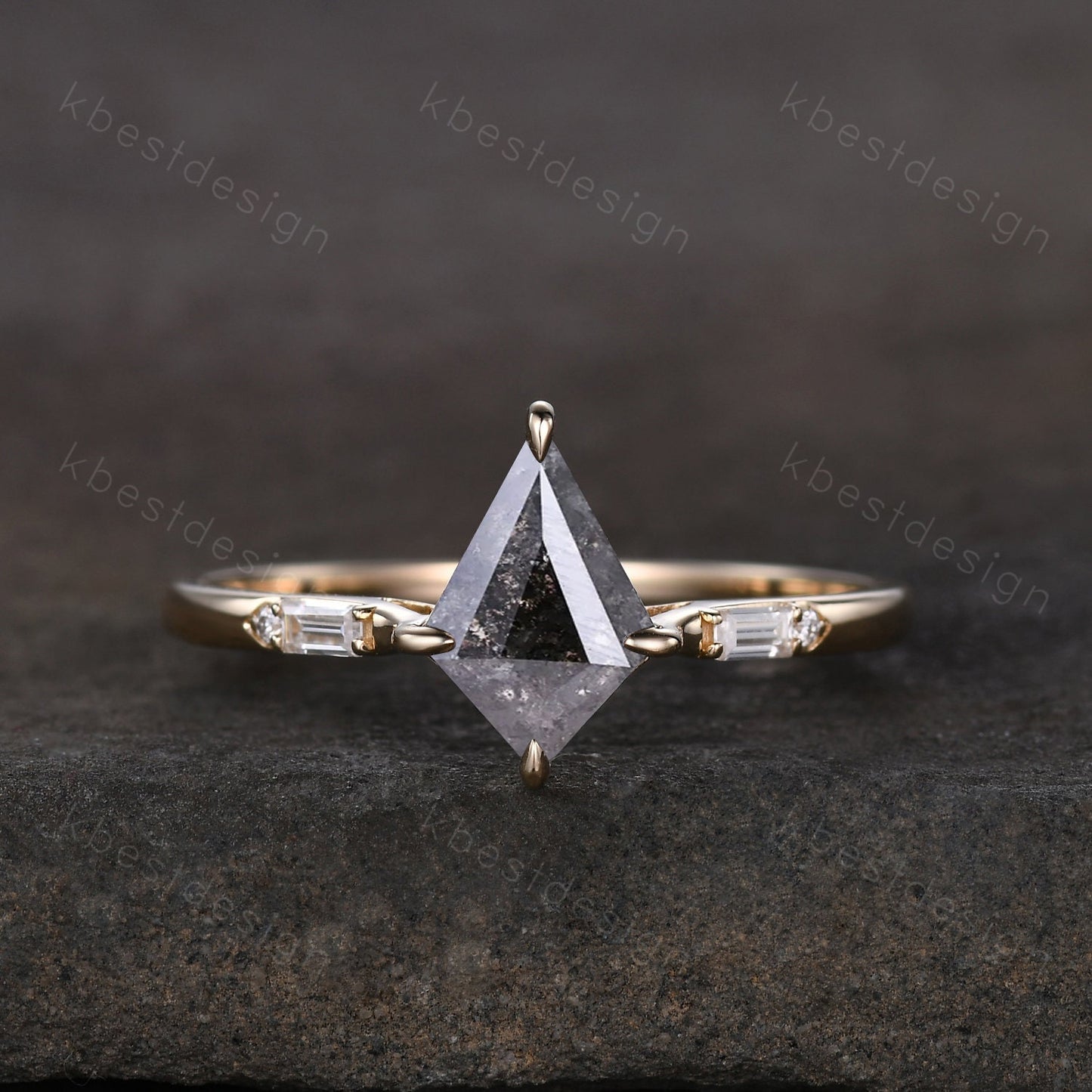 Kite cut Salt and Pepper Diamond Engagement Ring Unique 14K Yellow Gold Ring Baguette cut Moissanite Wedding Ring Prong set Bridal Ring