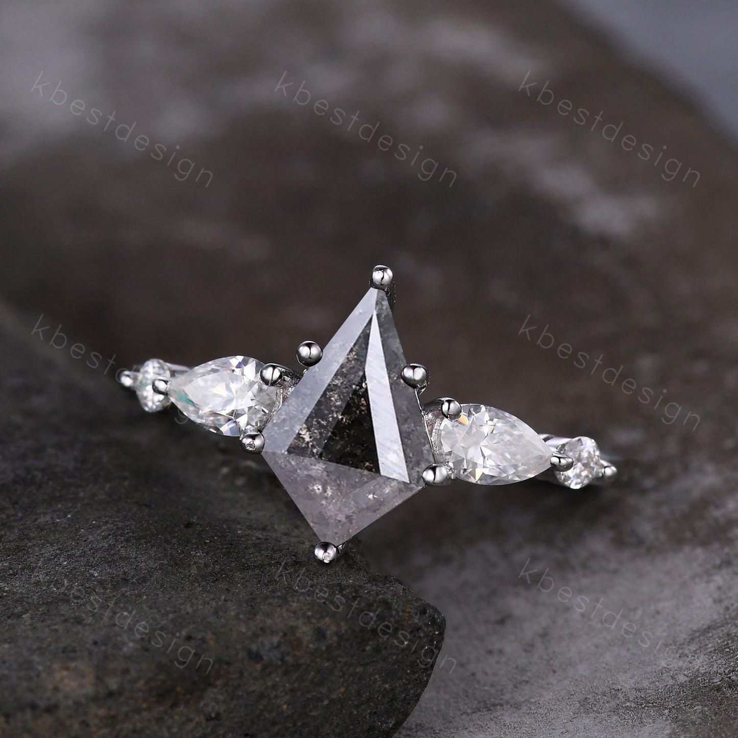 Kite cut salt and pepper diamond engagement ring unique pear moissanite wedding ring 14k white gold five stone ring vintage promise ring