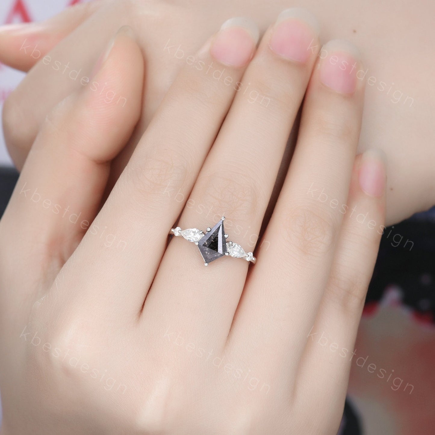 Kite cut salt and pepper diamond engagement ring unique pear moissanite wedding ring 14k white gold five stone ring vintage promise ring