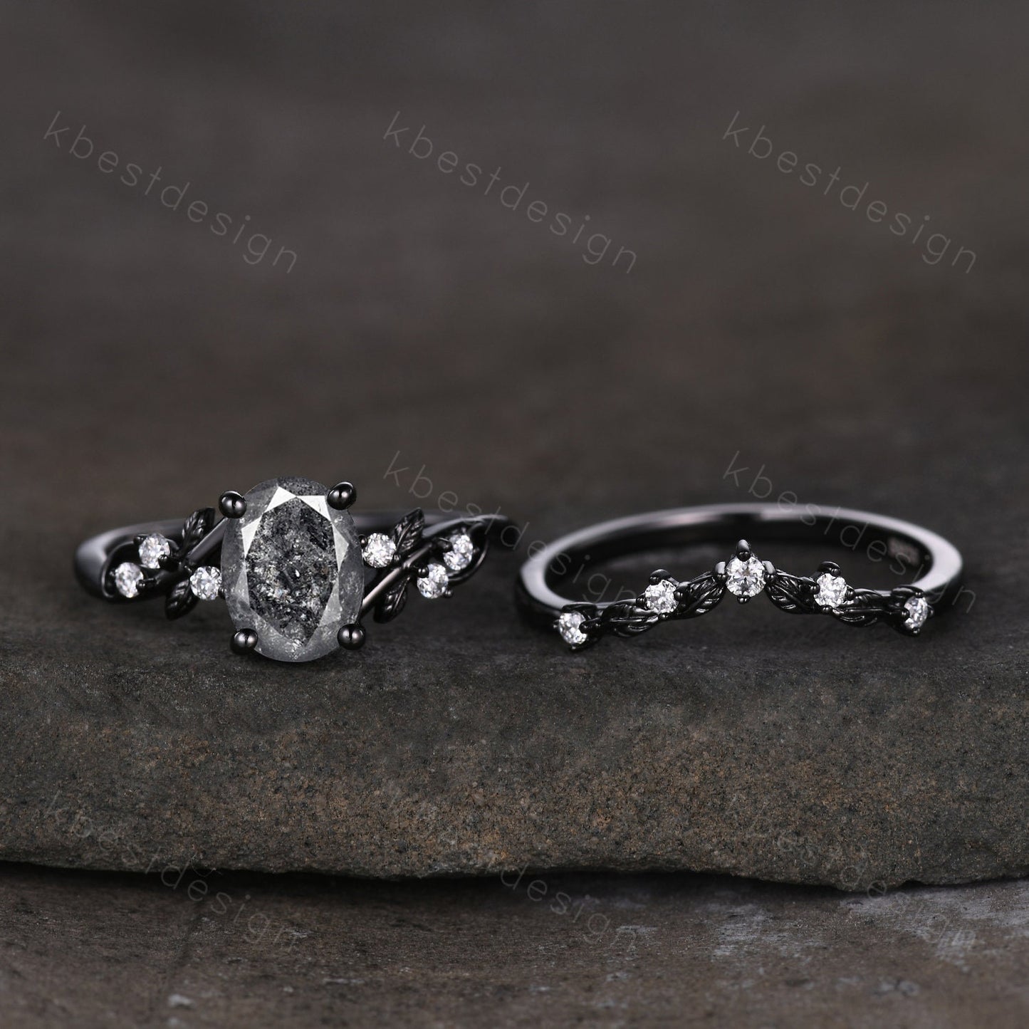 Vintage oval salt and pepper diamond engagement ring set black gold twig leaf moissanite branch ring unique art deco bridal wedding ring set