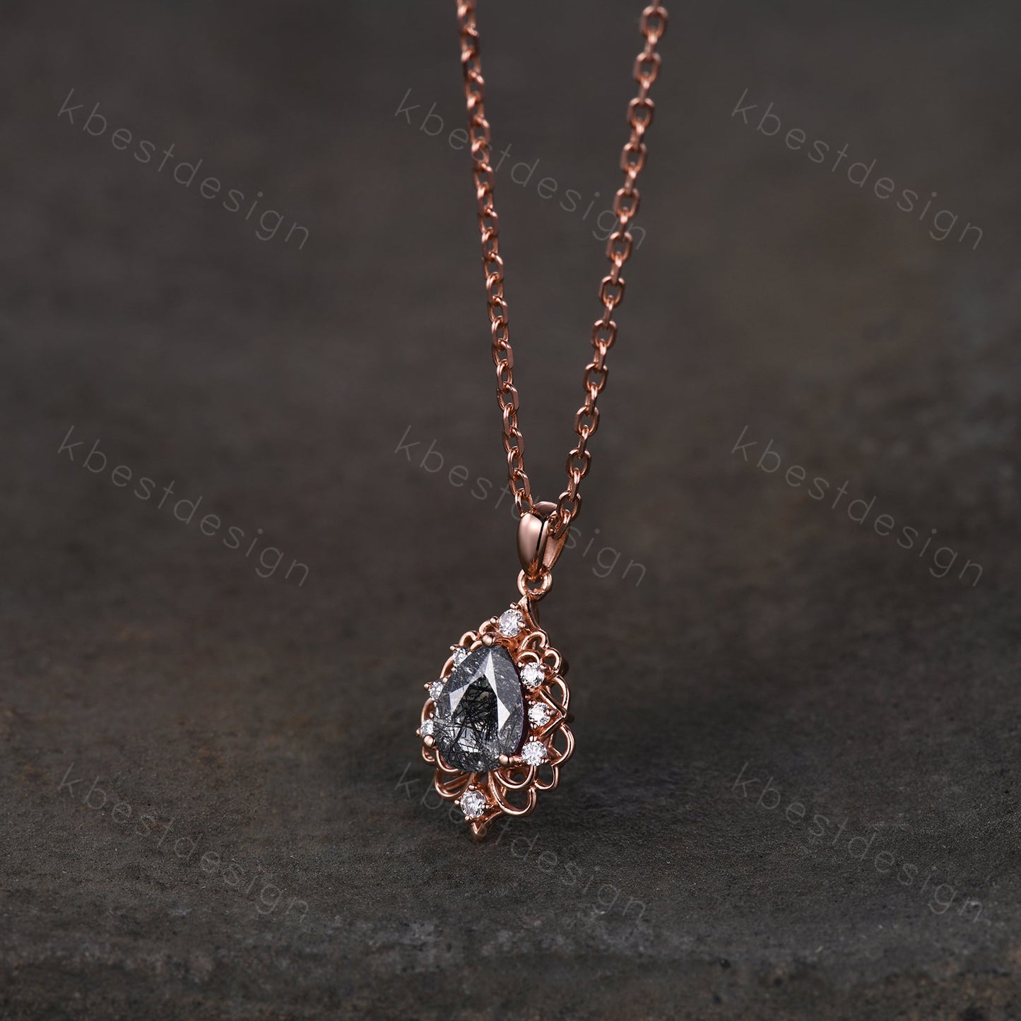Vintage 1.5CT Black Rutilated Quartz Necklace, Rose Gold Pear cut Pendant, Black Gemstone Jewelry, Unique Art Deco Bridal Promise Gift