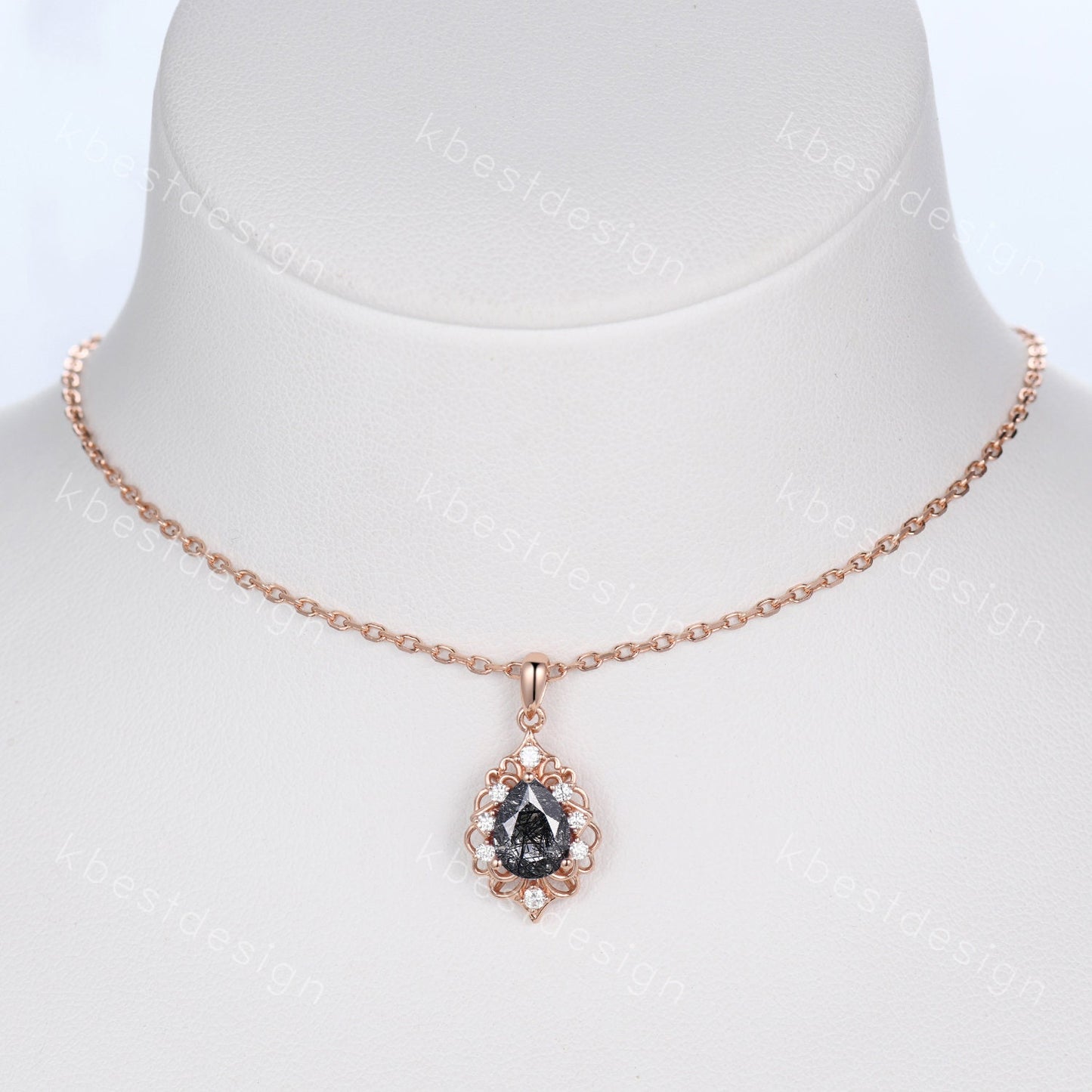 Vintage 1.5CT Black Rutilated Quartz Necklace, Rose Gold Pear cut Pendant, Black Gemstone Jewelry, Unique Art Deco Bridal Promise Gift