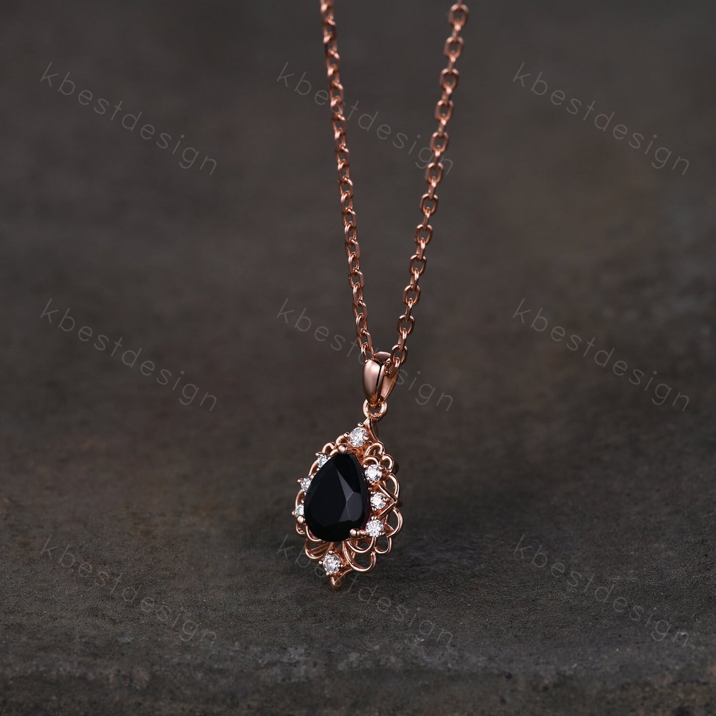 Vintage 1.5CT Black Onyx Necklace, Rose Gold Pear cut Black Onyx Pendant, Black Gemstone Jewelry, Unique Art Deco Bridal Promise Gift